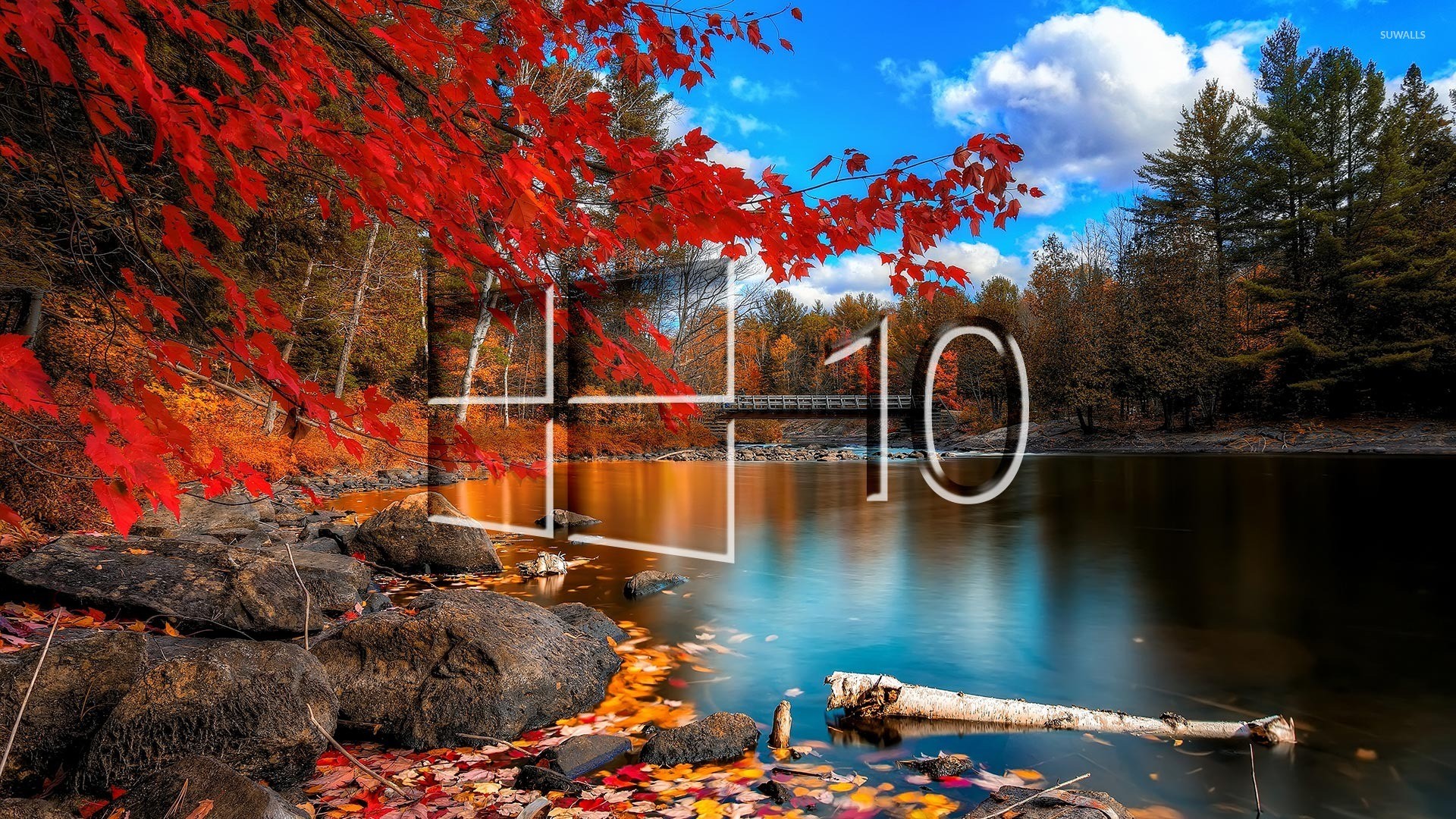 Windows 10, Logo Windows, Lago, Autunno, Foglie rosse, Full HD 1080p, sfondo desktop
