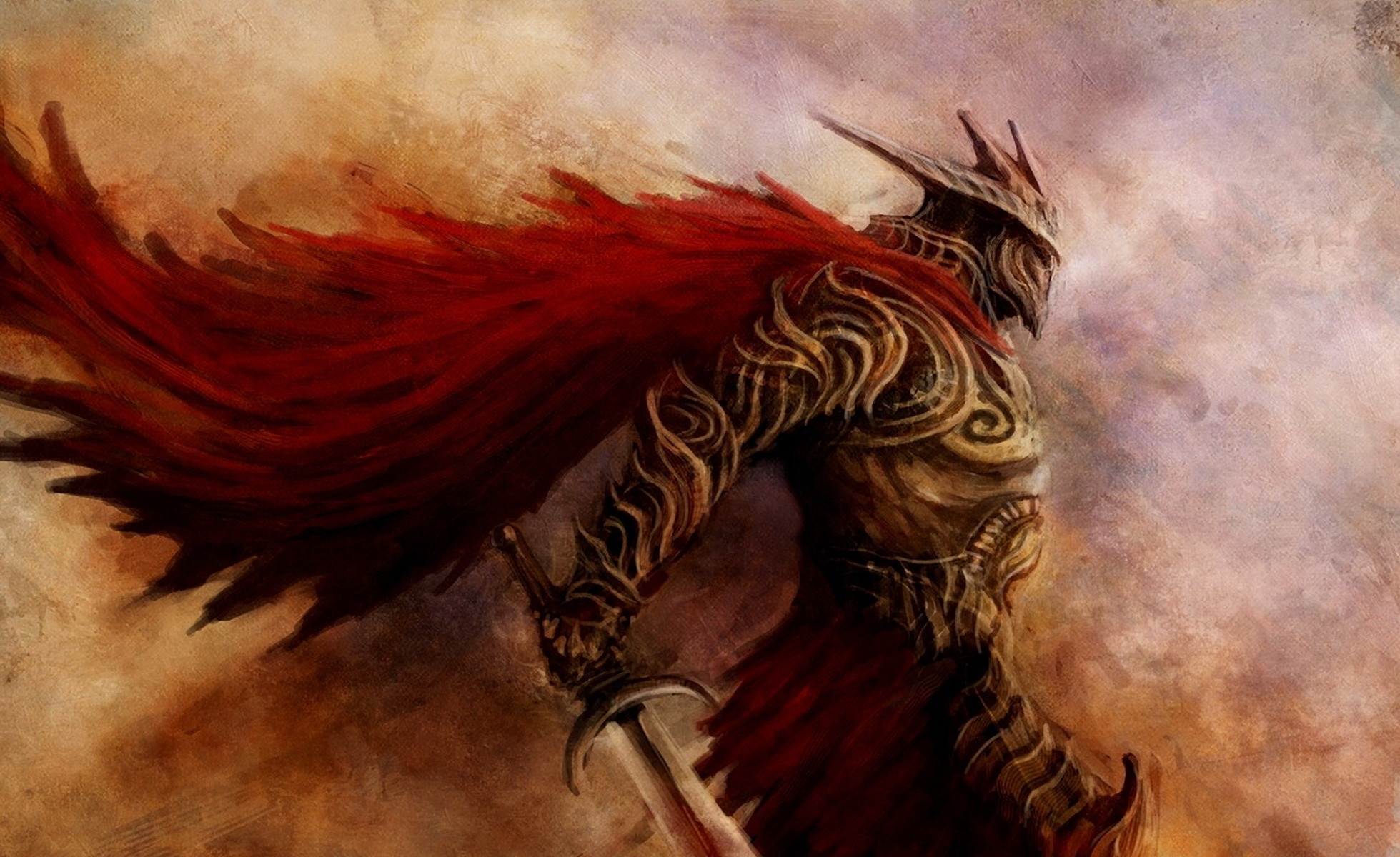 Guerriero, Mantello rosso, Spada, Pittura digitale, Full HD, sfondo Windows 11