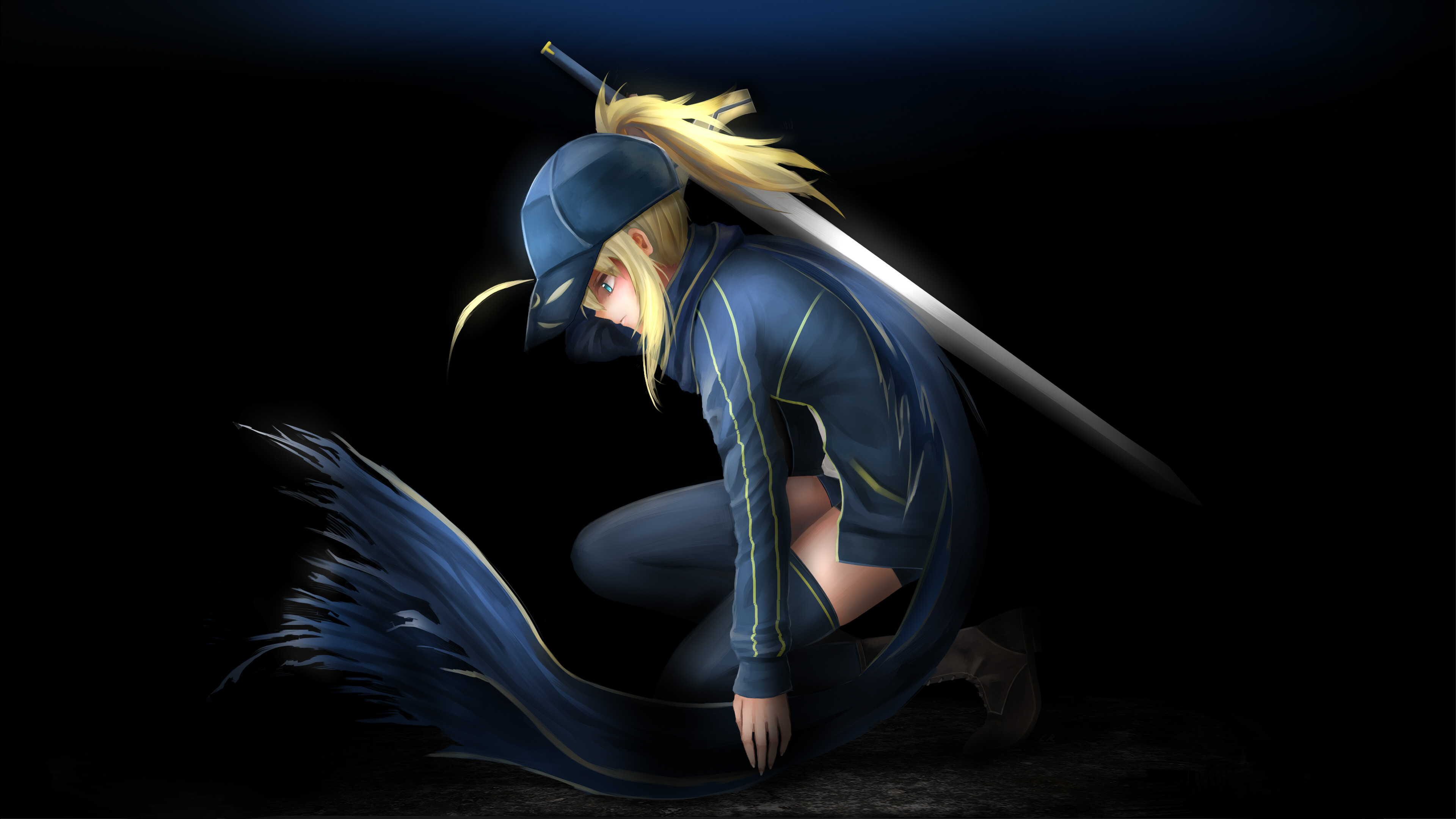 Saber, Crossover, Spada, Sfondo nero, 4K, wallpaper desktop
