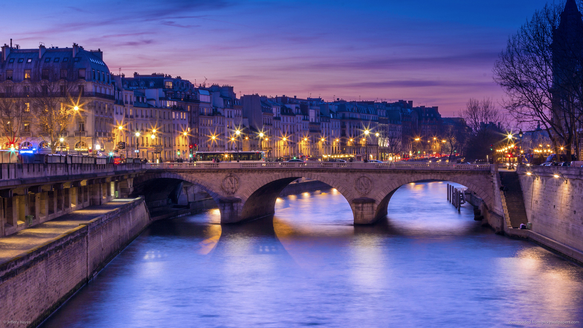 Pont Saint-Michel, Senna, Parigi, Notte, 16:9 Full HD, wallpaper widescreen