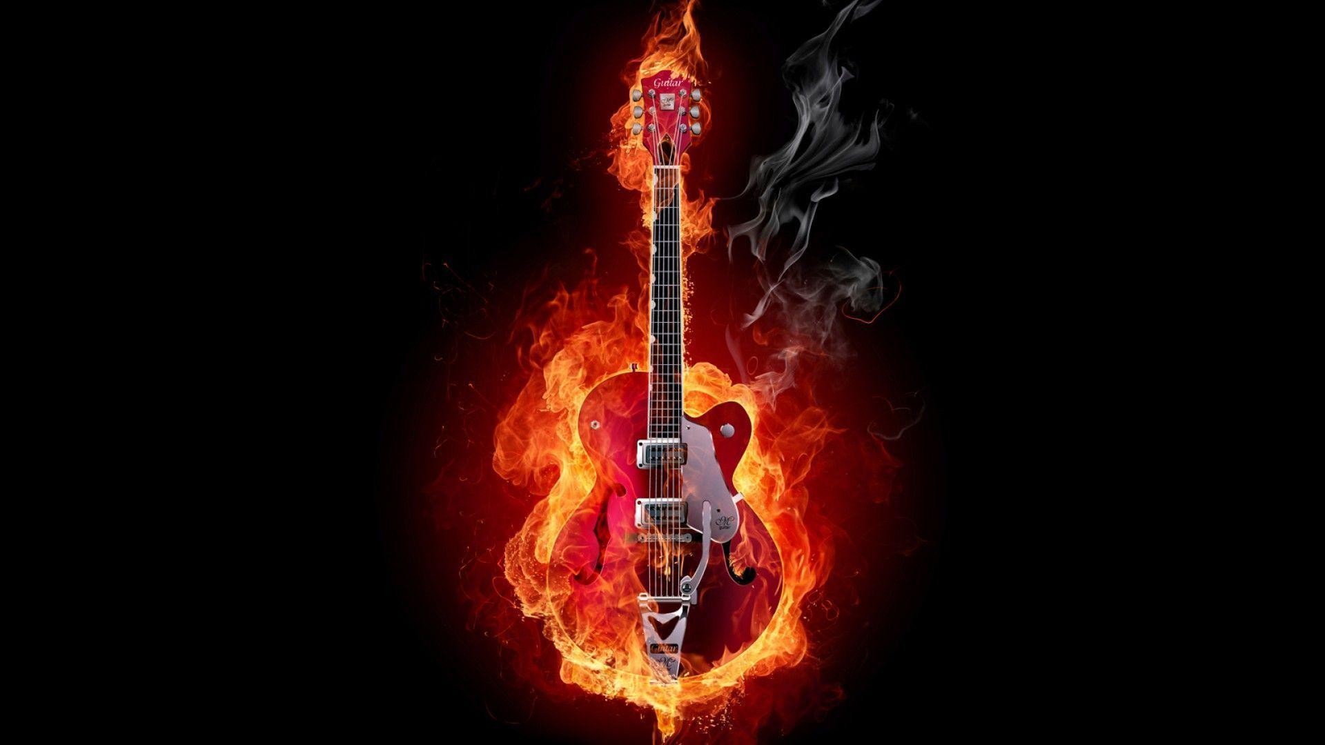 Chitarra in fiamme, Chitarra elettrica, Fuoco, Sfondo nero, Full HD, wallpaper desktop