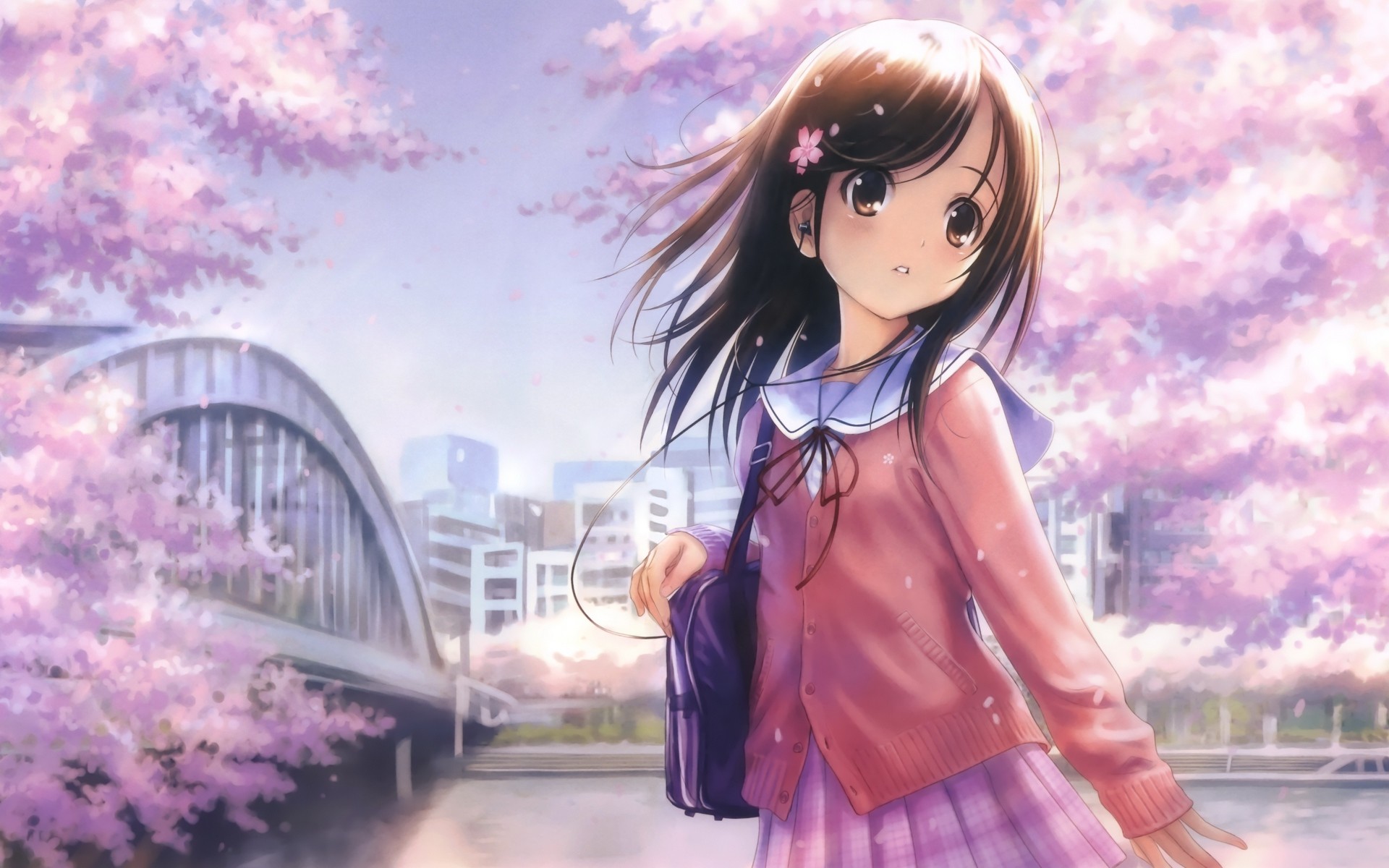 Ragazza anime, Ciliegi in fiore, Uniforme scolastica, Ponte, Kawaii, sfondo 1920x1200 per PC