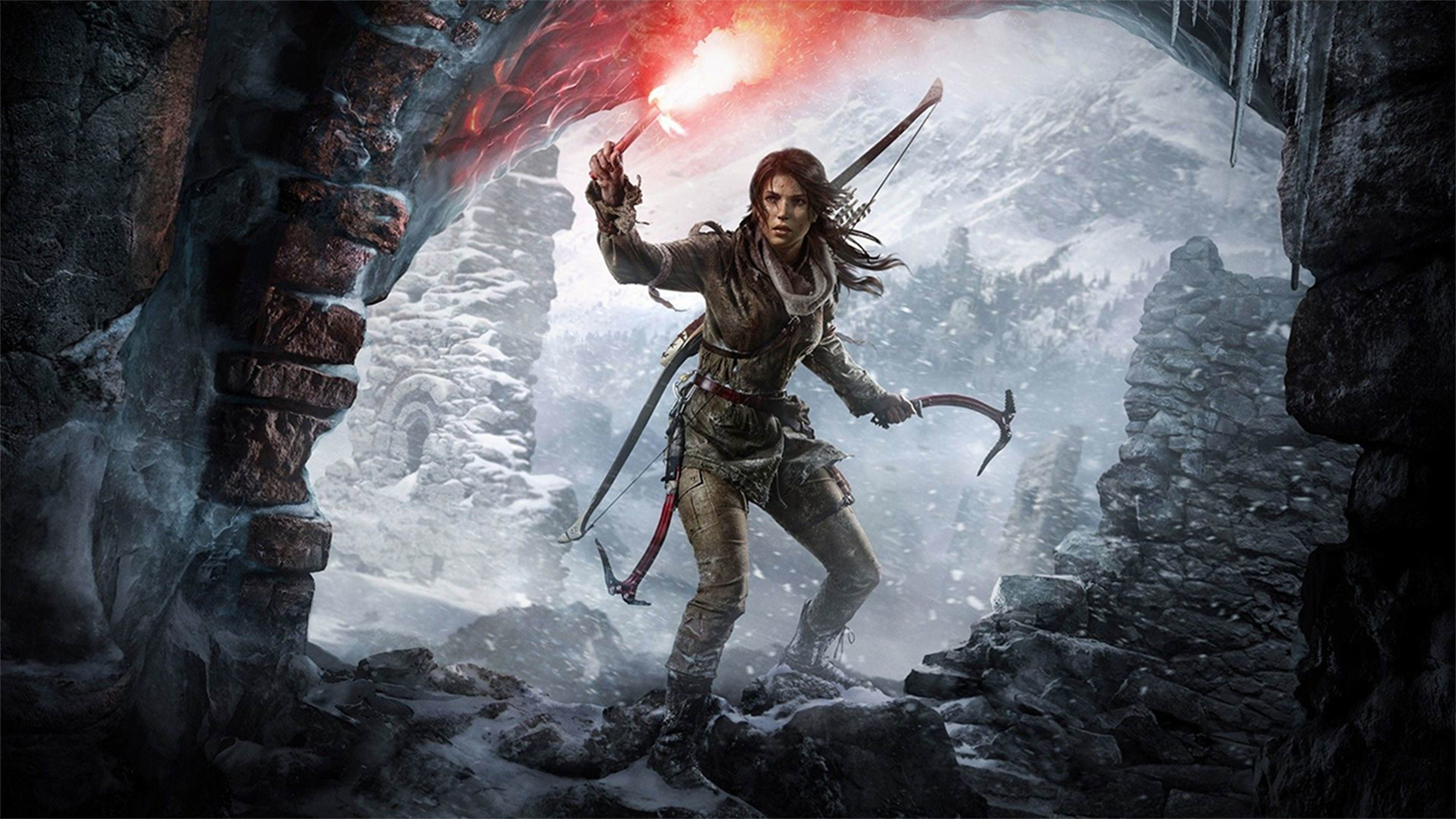 Lara Croft, Rise of the Tomb Raider, Razzo di segnalazione, Piccozza, Neve, sfondo 4K per computer