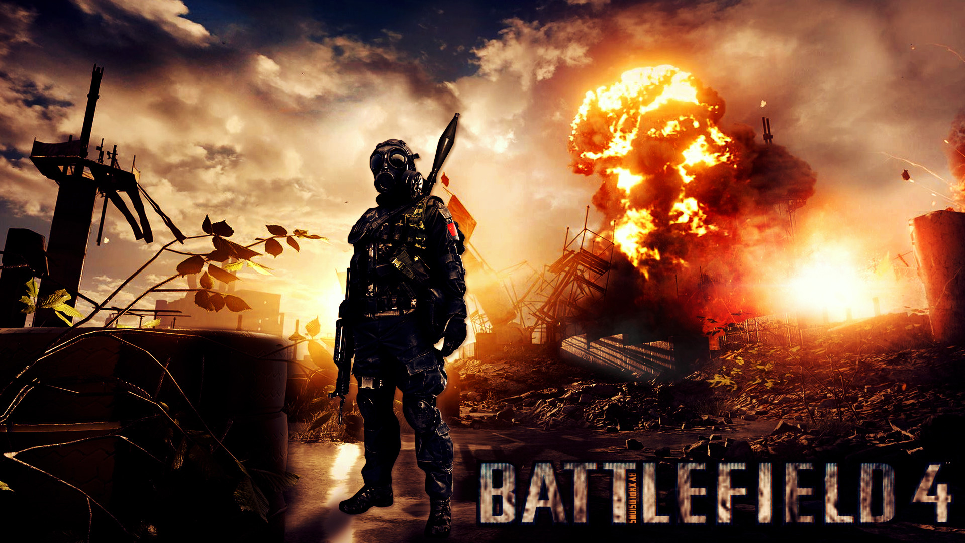 Battlefield 4, Logo, Soldato, Esplosione, Tramonto, 1920x1080, immagine di sfondo
