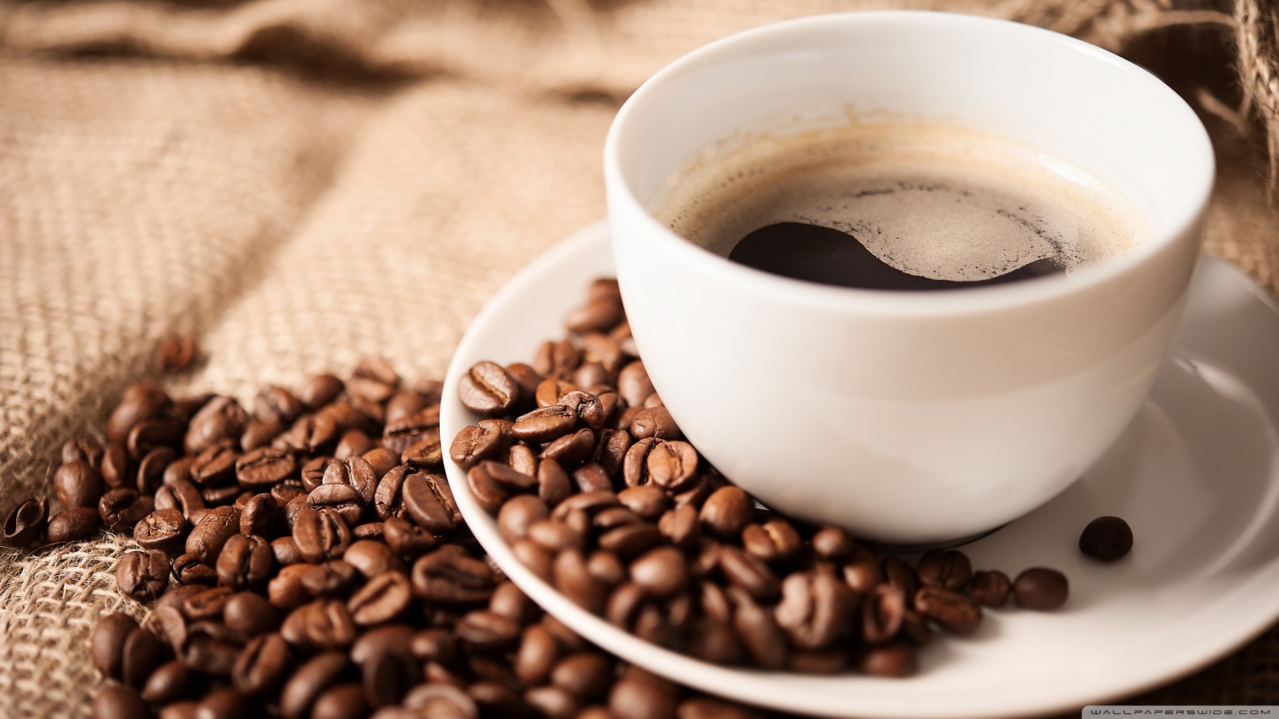 Tazza di caffè, Chicchi di caffè, Juta, Caffè nero, 2K, sfondo desktop