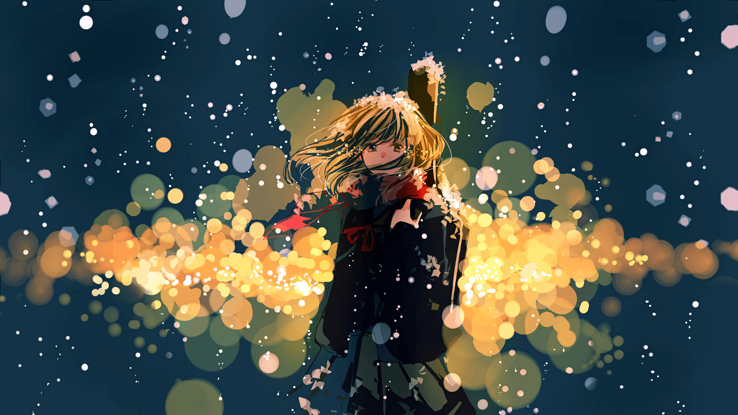 Ragazza anime, Chitarra, Bokeh, Neve, Full HD, sfondo desktop