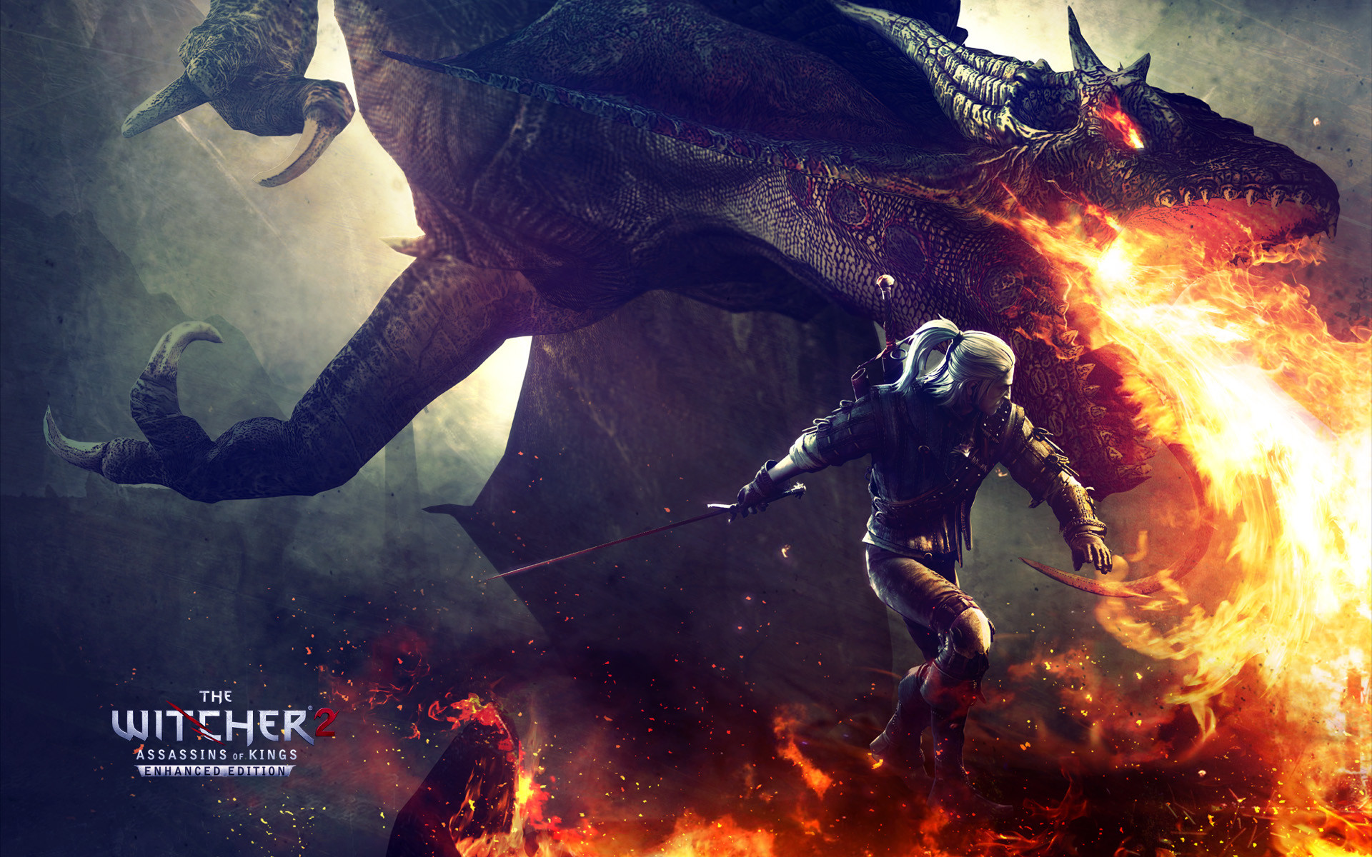 Geralt di Rivia, Drago, The Witcher 2: Assassins of Kings, Fuoco, sfondo Full HD per computer