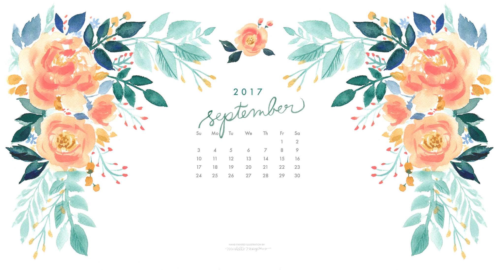 Calendario settembre 2017, Rose, Acquerello, Pesca, Full HD, sfondo Windows 11