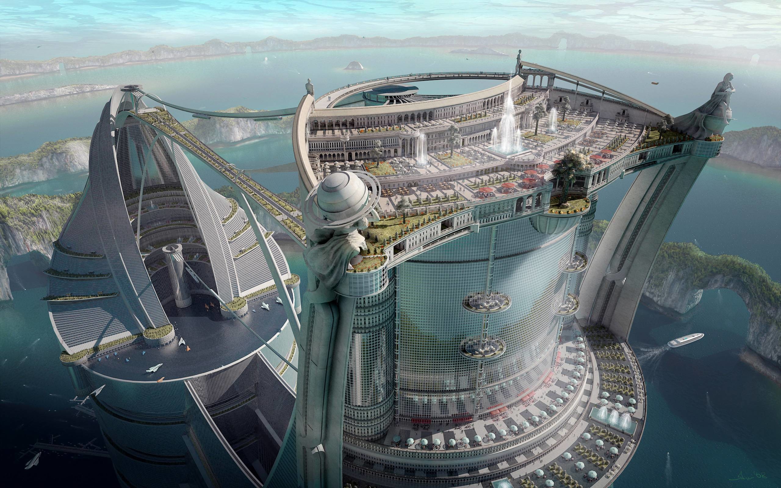 Architettura futuristica, Rendering, Città sull'acqua, Fantascienza, sfondo 2560x1600 per PC