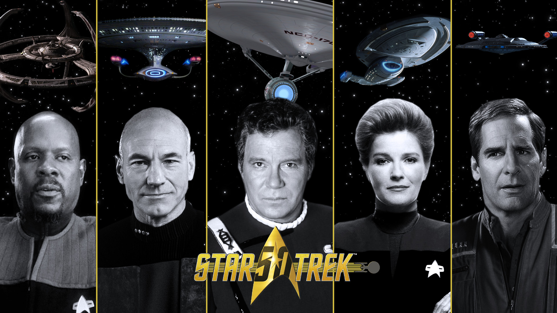 Star Trek 50° anniversario, Benjamin Sisko, Jean-Luc Picard, James T. Kirk, Kathryn Janeway, Jonathan Archer, Capitani, sfondo 1080p
