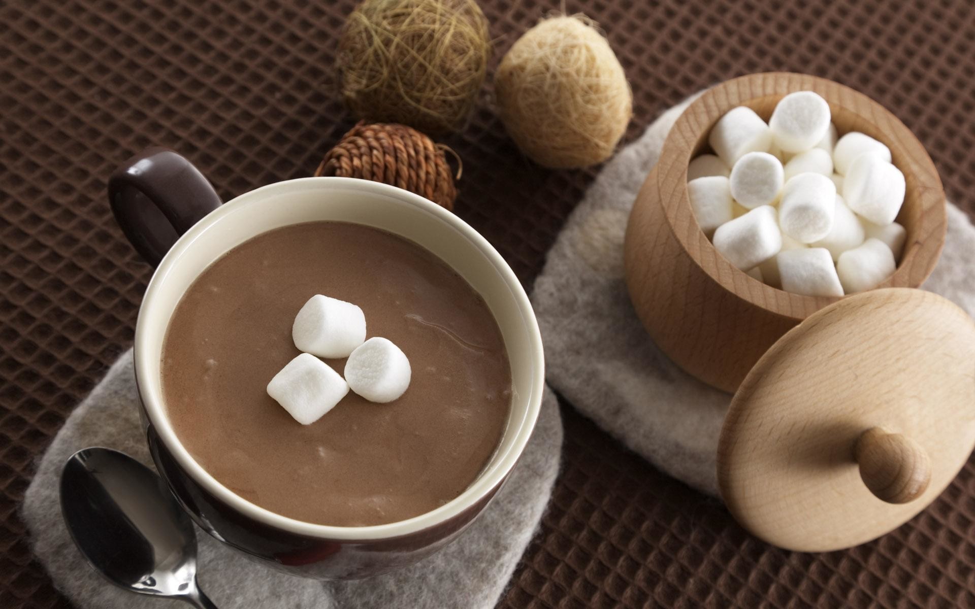 Cioccolata calda, Marshmallow, Zuccheriera di legno, Tazza, Bevanda calda, sfondo Full HD per computer