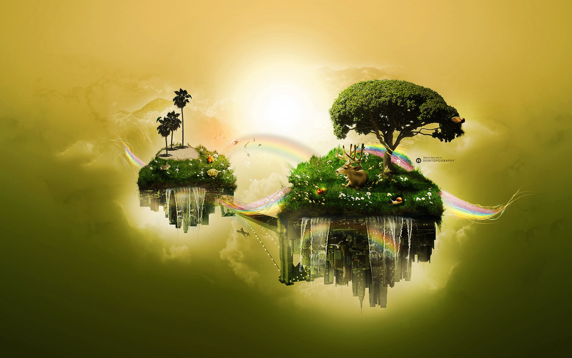 Isole volanti, Alberi, Arcobaleno, Arte fantasy, Full HD, wallpaper per PC