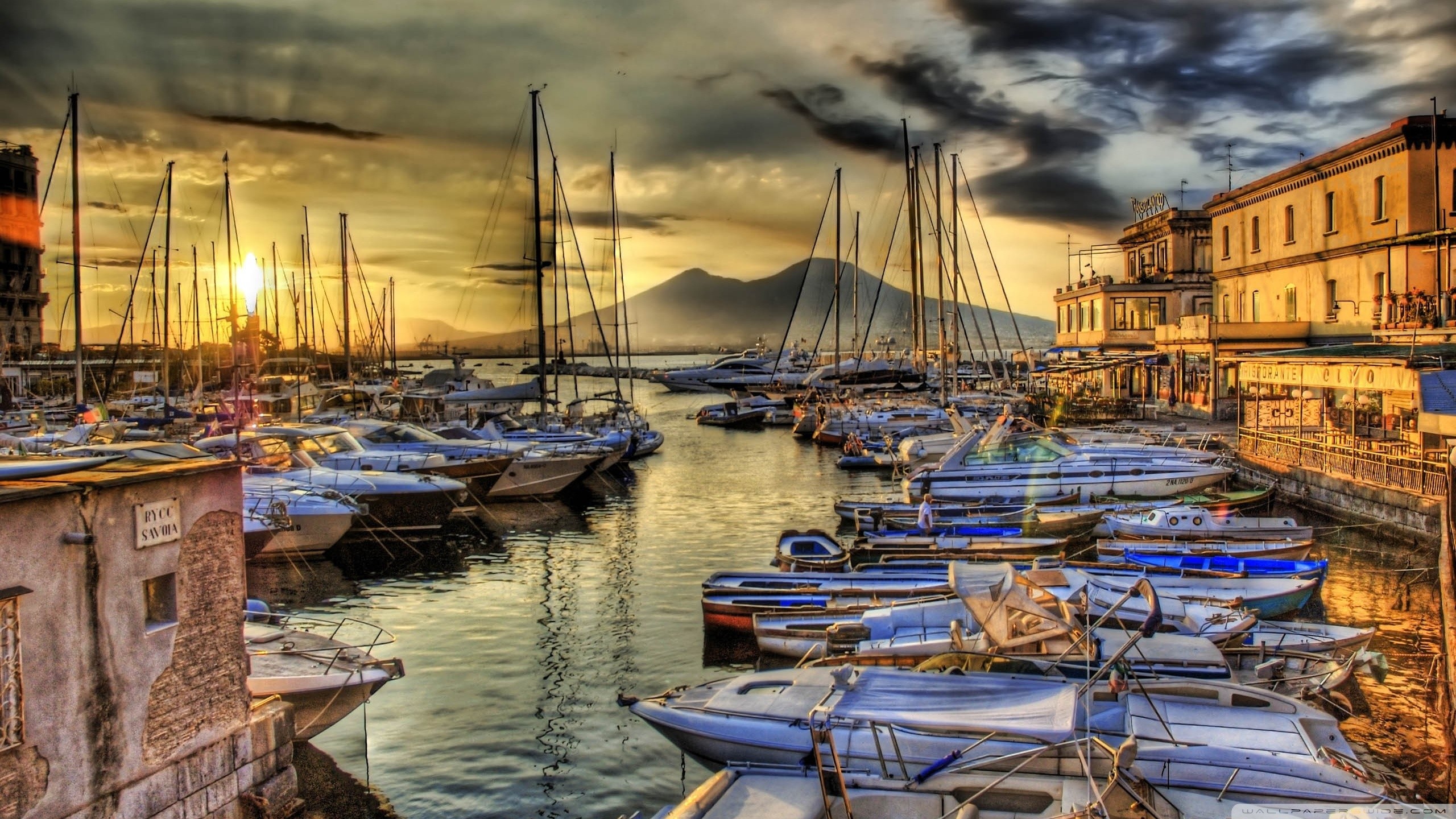 Napoli, Porto, Barche a vela, Vesuvio, HDR, 2K, wallpaper desktop