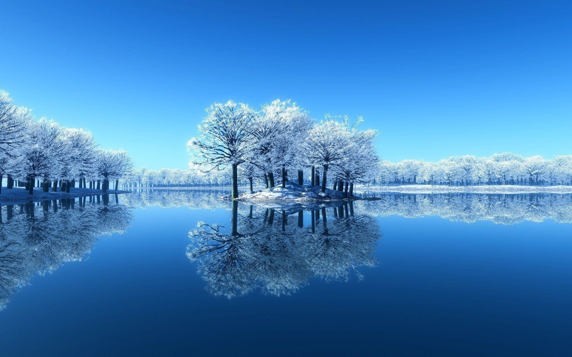 Lago, Alberi ghiacciati, Riflesso, Cielo blu, Full HD, wallpaper desktop