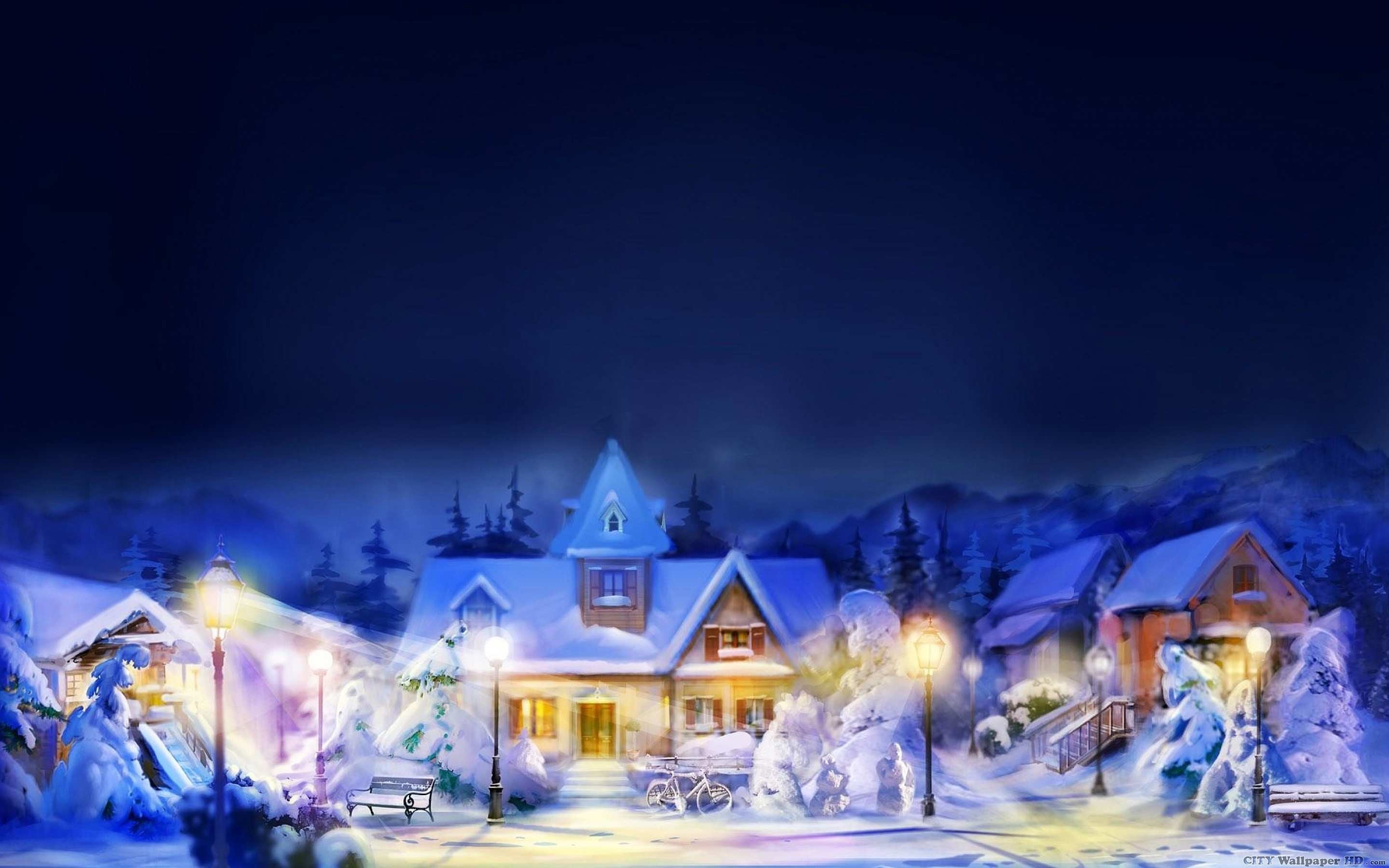 Villaggio innevato, Case, Notte, Inverno, Illustrazione, 2K, sfondo per desktop