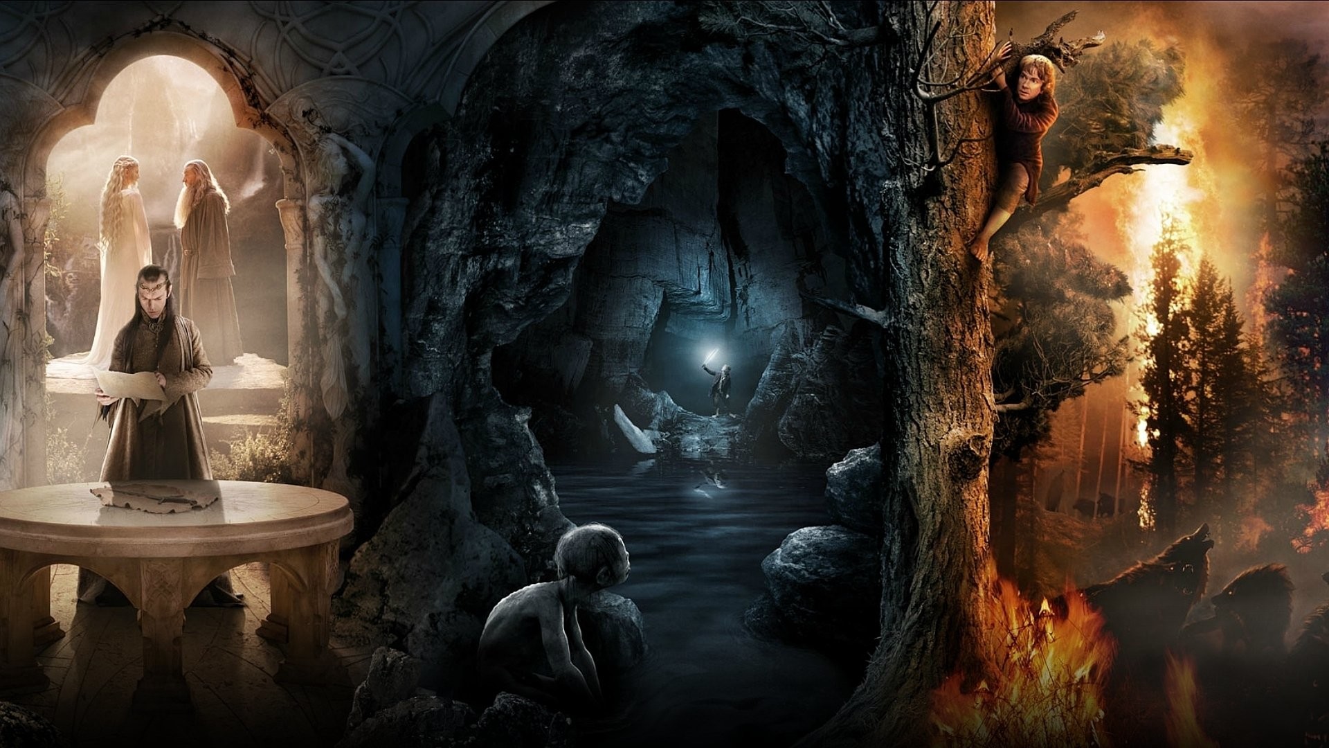 Lo Hobbit, Elrond, Gollum, Smaug, Collage, Full HD, wallpaper per computer