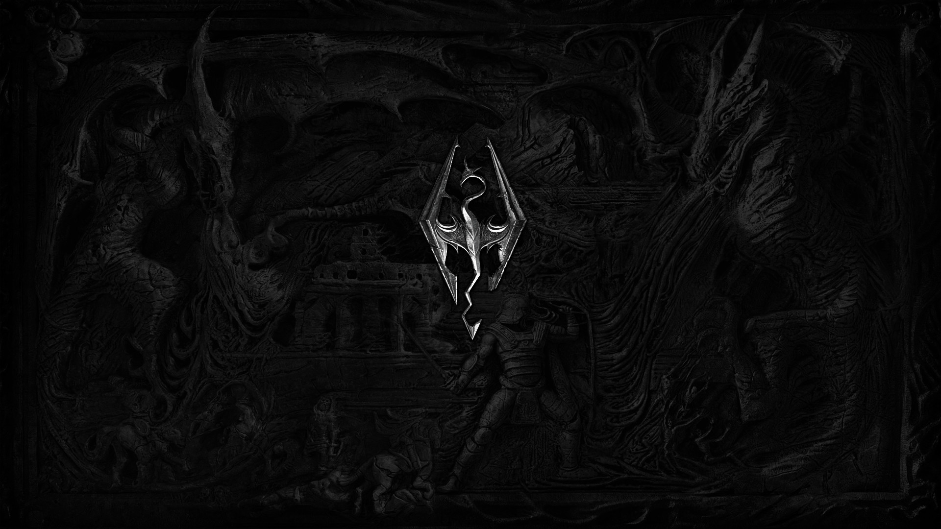 The Elder Scrolls V: Skyrim, Simbolo di Skyrim, Bassorilievo, Nero, sfondo Full HD per PC