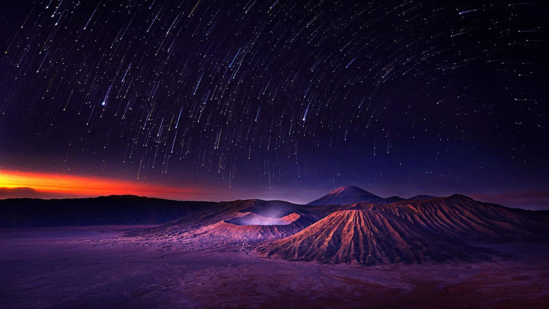 Monte Bromo, Giava, Scie stellari, Vulcano, Notte, 1920x1080, sfondo per PC