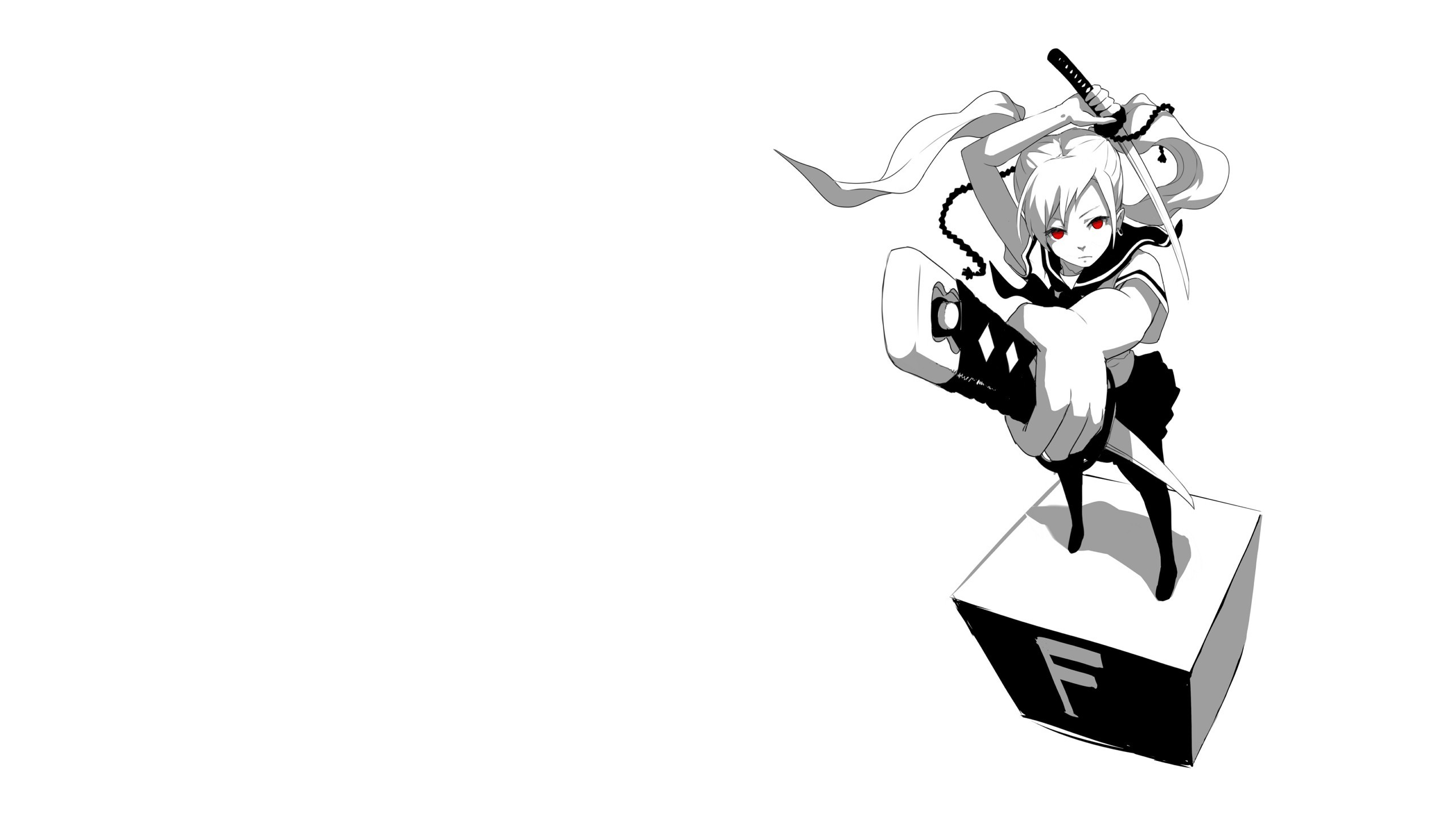 Ragazza anime, Katana, Bianco e nero, 2K, sfondo Windows 11