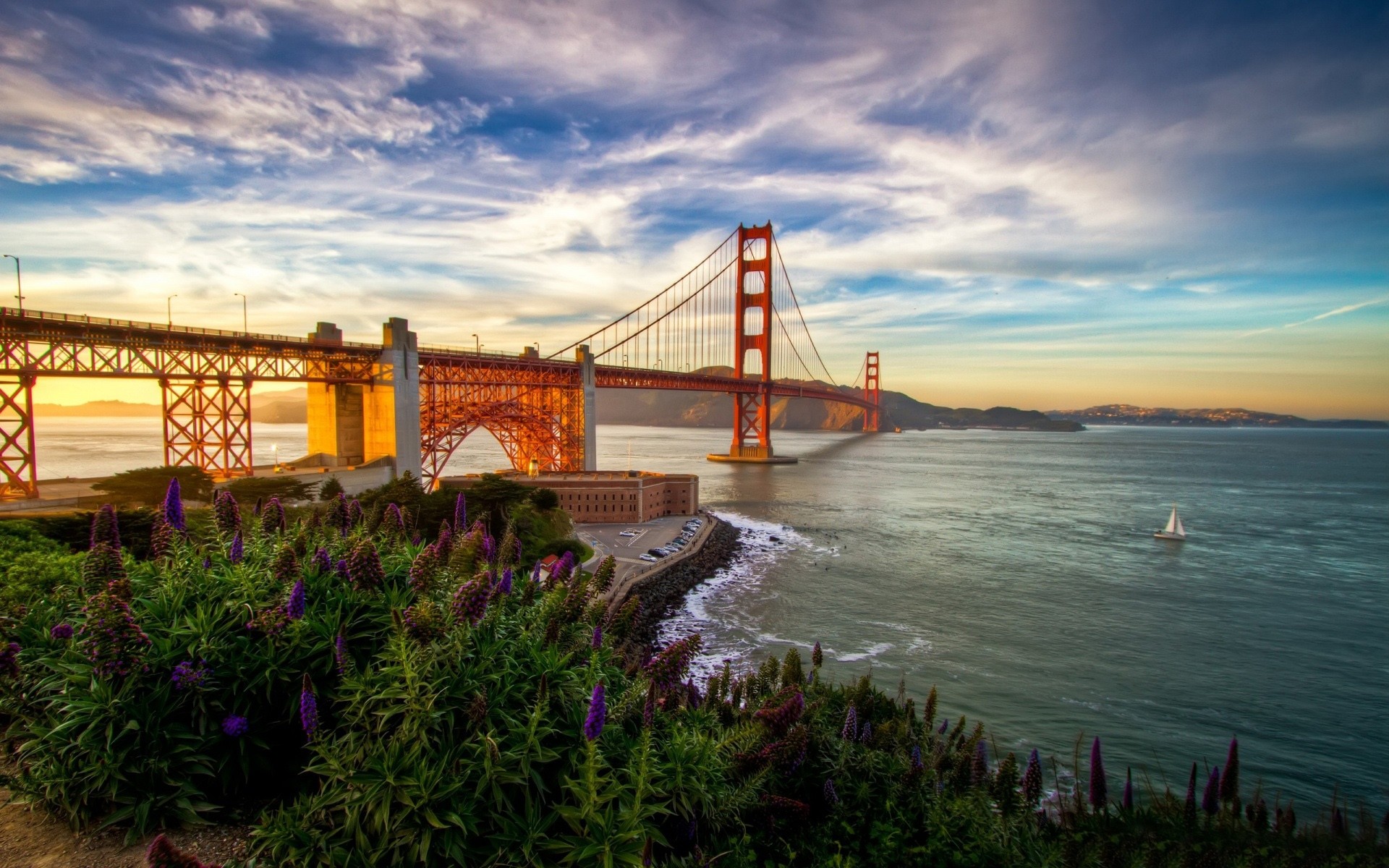 Golden Gate Bridge, Ponte Golden Gate, San Francisco, California, Baia, Cielo nuvoloso, sfondo Full HD