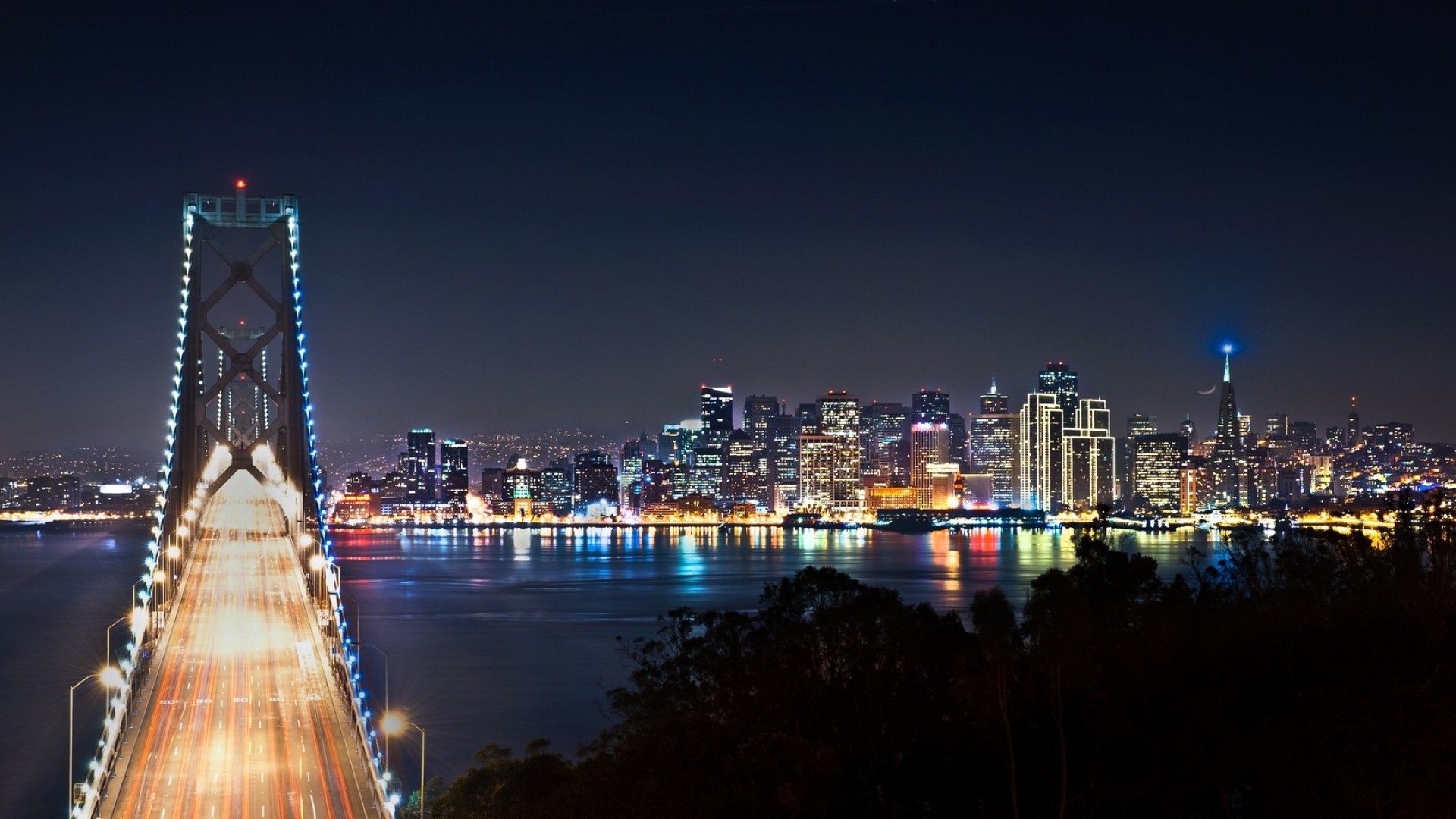 Bay Bridge, San Francisco, Skyline, Notte, Full HD, sfondo per PC e portatile