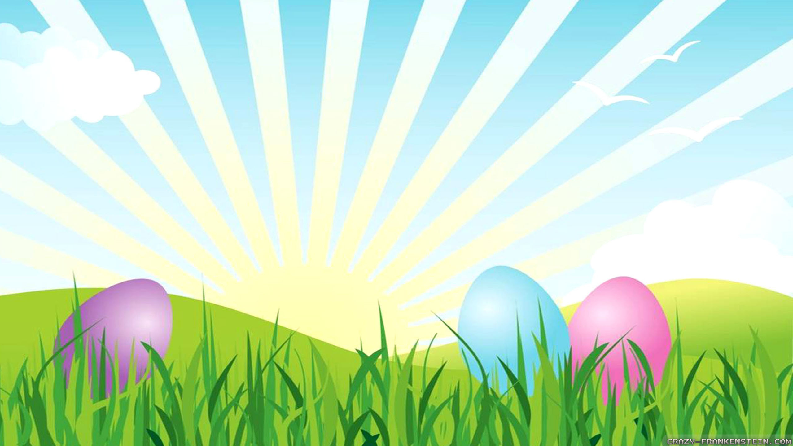 Uova di Pasqua, Illustrazione, Raggi di sole, Colline, Erba, 2K, sfondo desktop