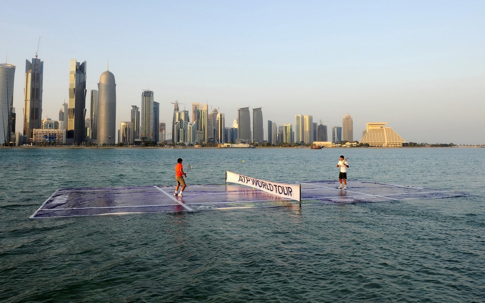 Campo galleggiante, Doha, Qatar, Skyline, Mare, 16:10 Full HD, sfondo widescreen