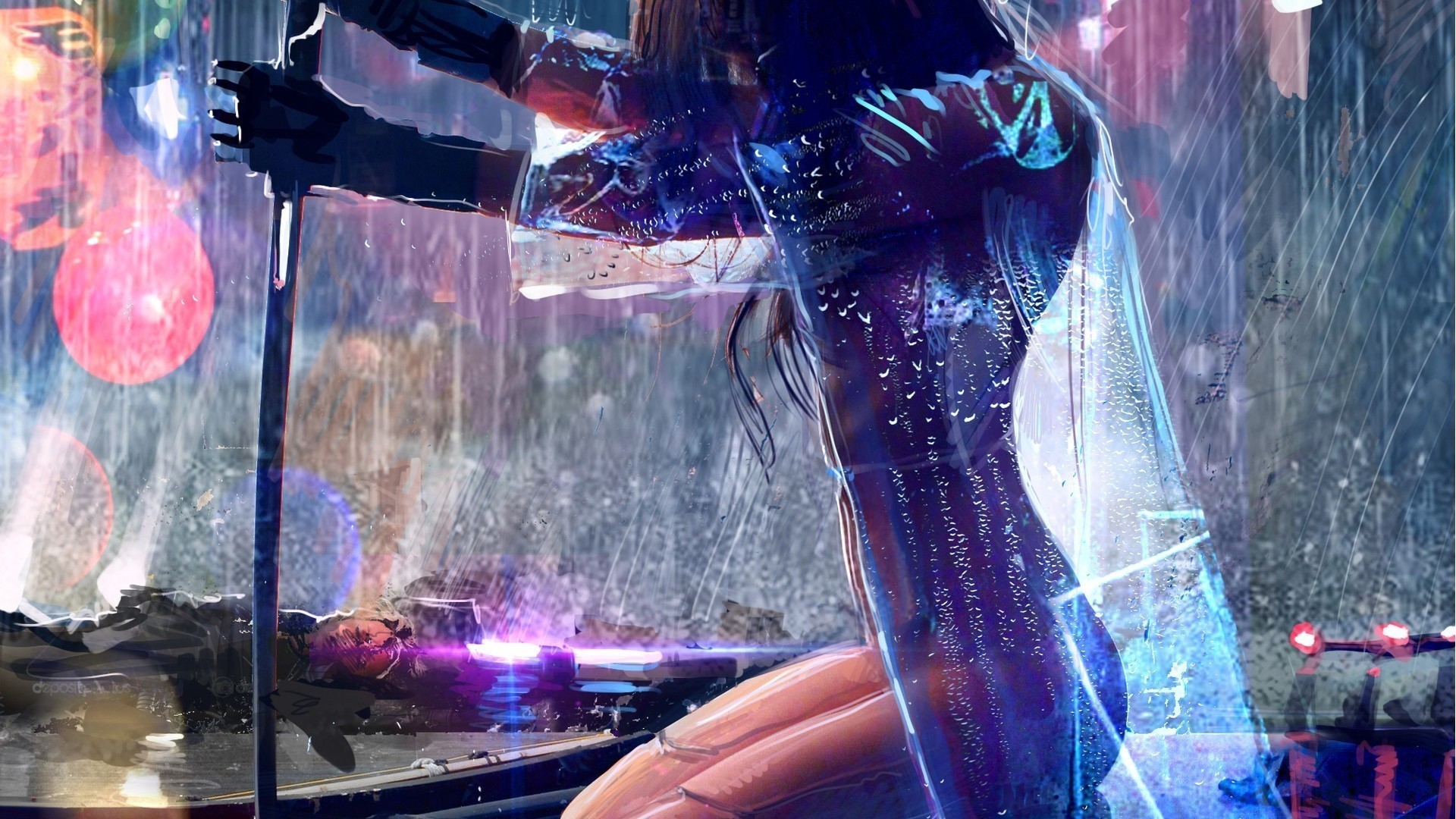 Ragazza cyberpunk, Spada, Pioggia, Neon, Full HD 1080p, sfondo desktop