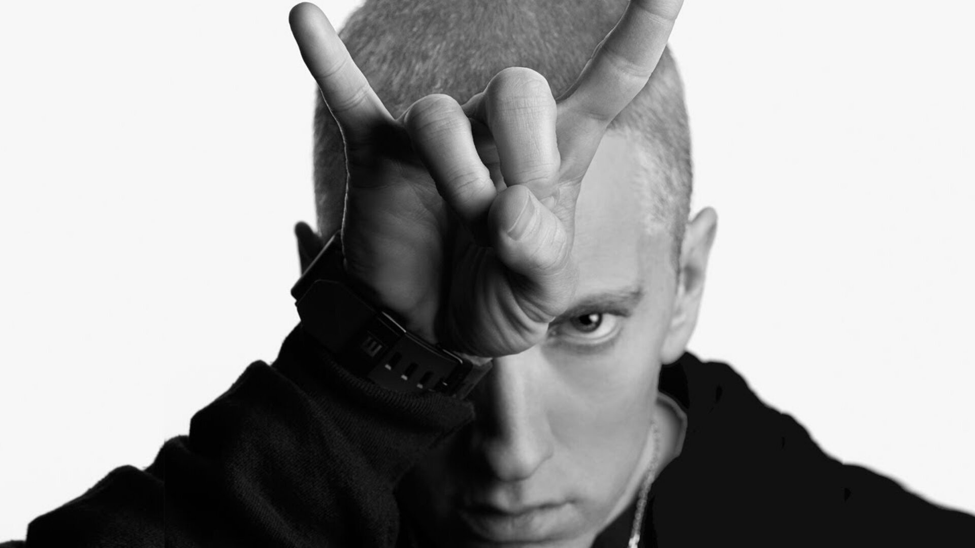 Eminem, Gesto delle corna, Primo piano, Bianco e nero, 1920x1080, immagine di sfondo