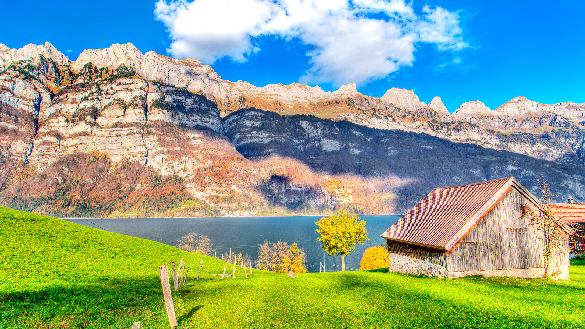 Walensee, Svizzera, Baita, Montagne, Prato, Full HD, sfondo per desktop