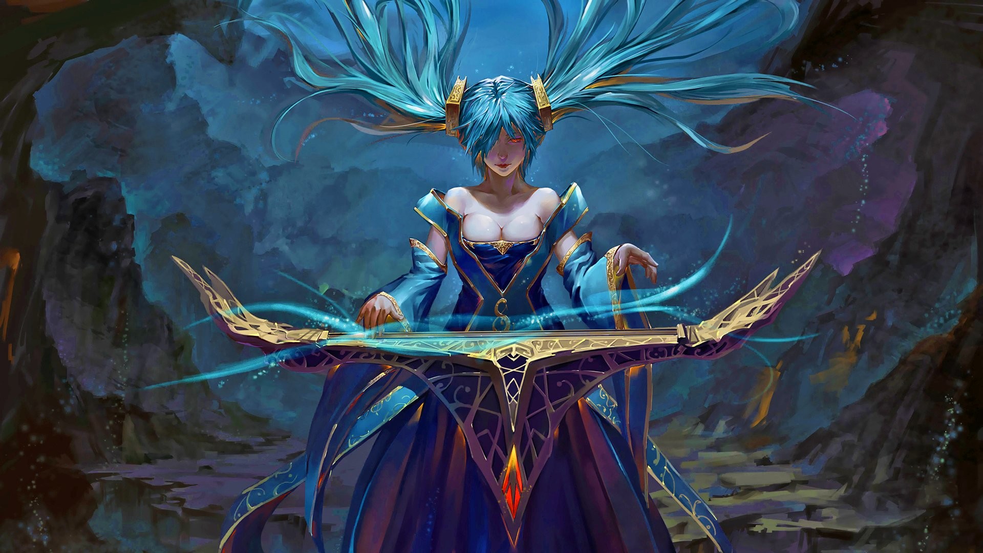 Sona, League of Legends, Capelli azzurri, Etwahl, Full HD, sfondo Windows 11