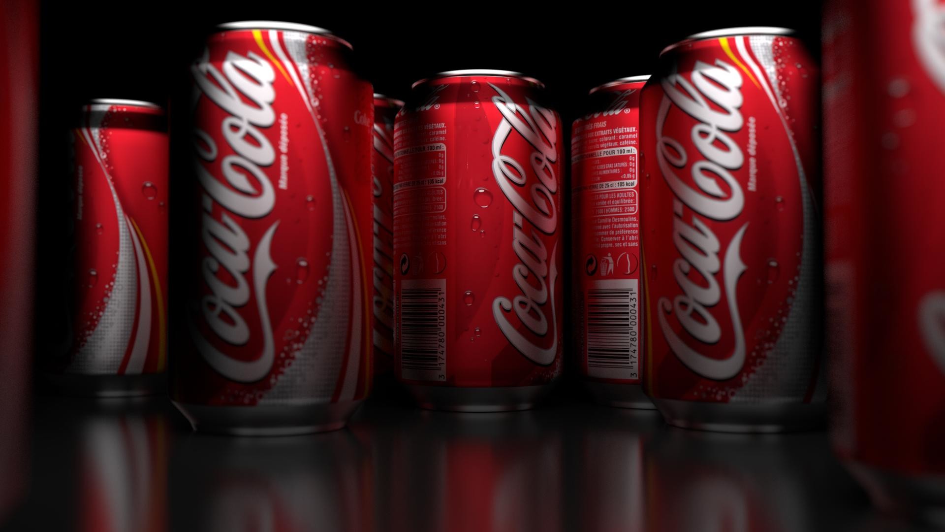 Coca-Cola, Lattine, Riflesso, Sfondo nero, 16:9 Full HD, wallpaper widescreen
