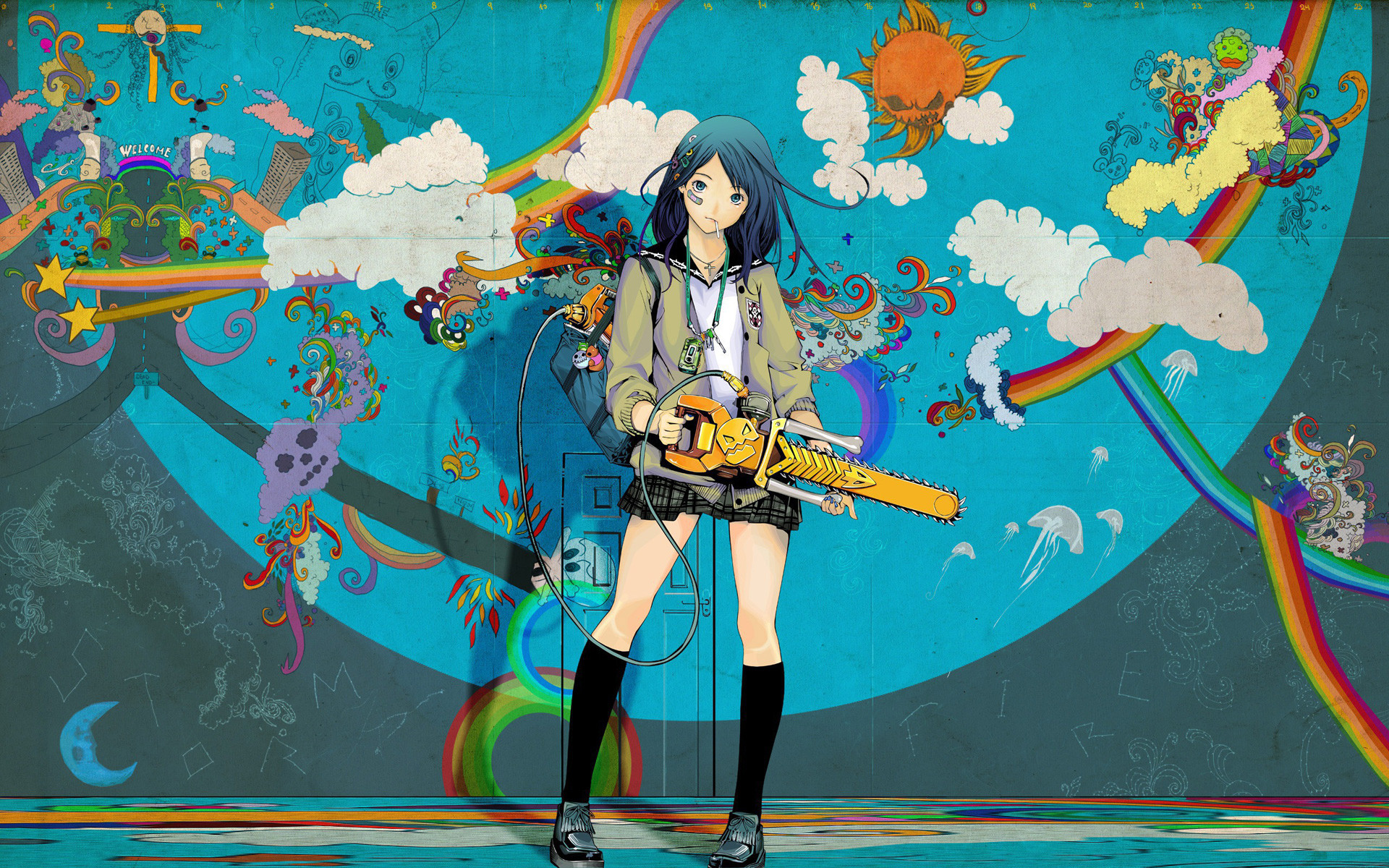 Ragazza anime, Chitarra, Arcobaleno, Illustrazione, 16:10 Full HD, sfondo widescreen