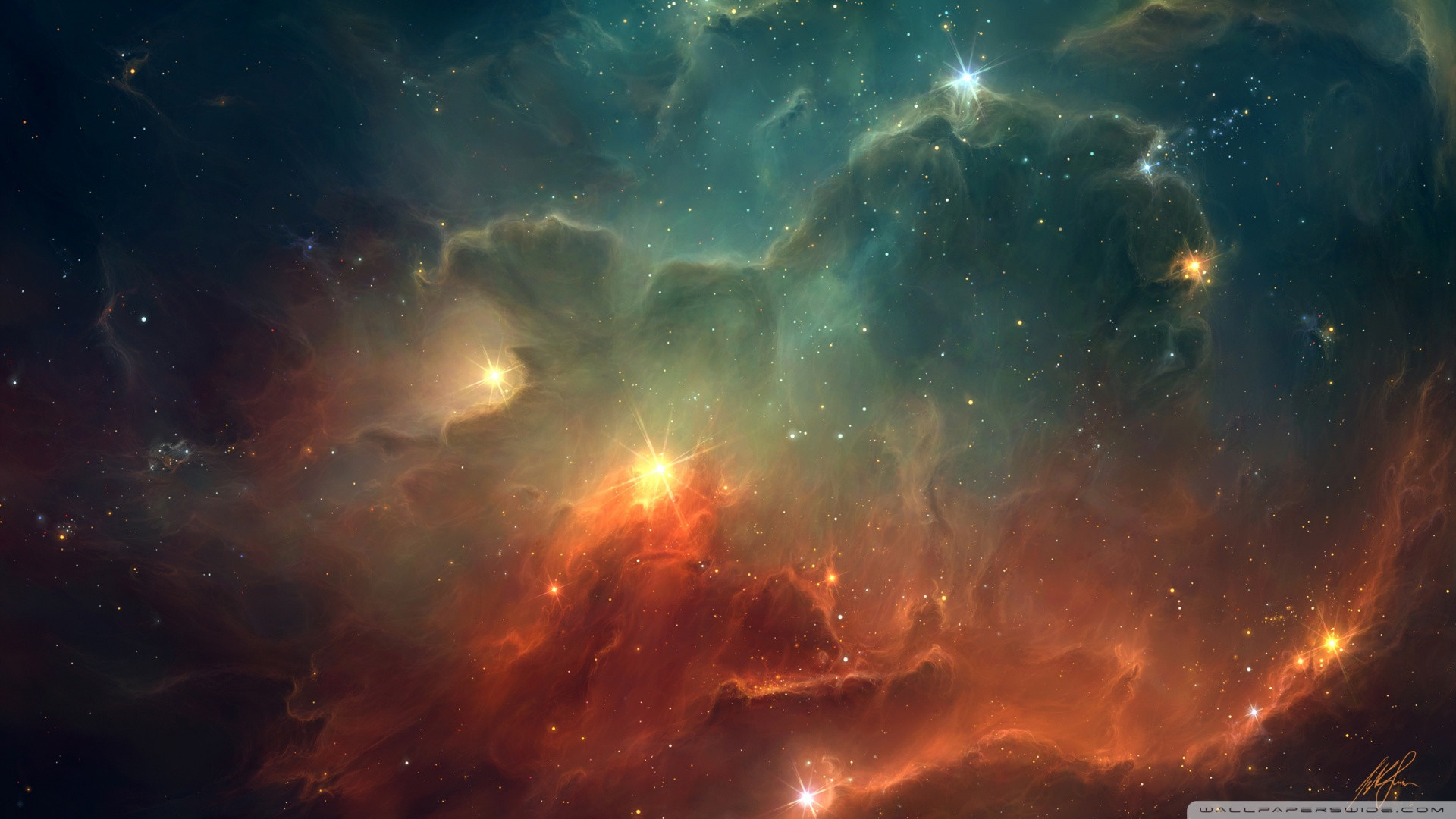 Nebulosa, Arancione, Stelle, Arte digitale, 1920x1080, sfondo per PC