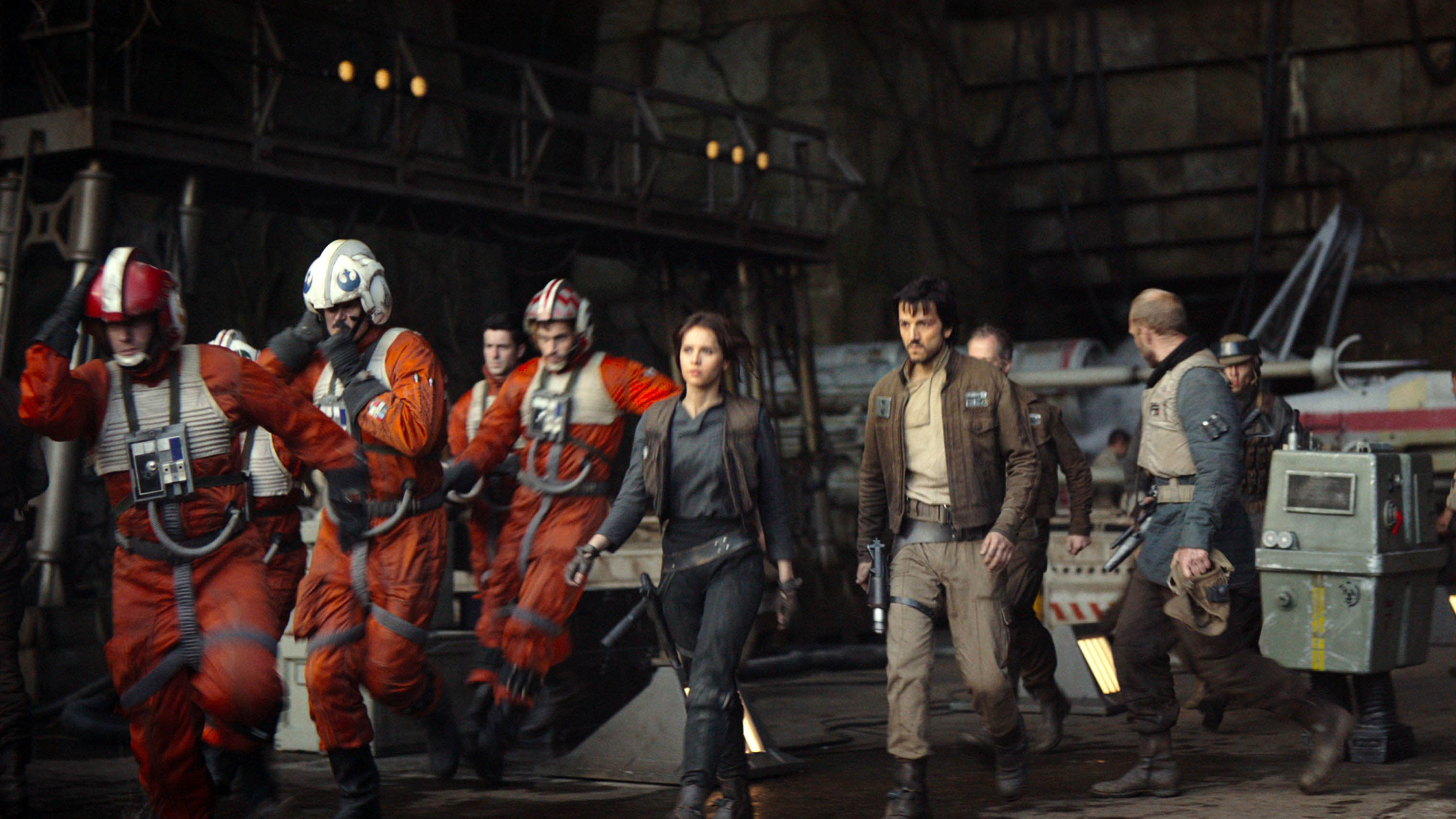 Rogue One: A Star Wars Story, Jyn Erso, Cassian Andor, Piloti ribelli, Hangar, sfondo Ultra HD