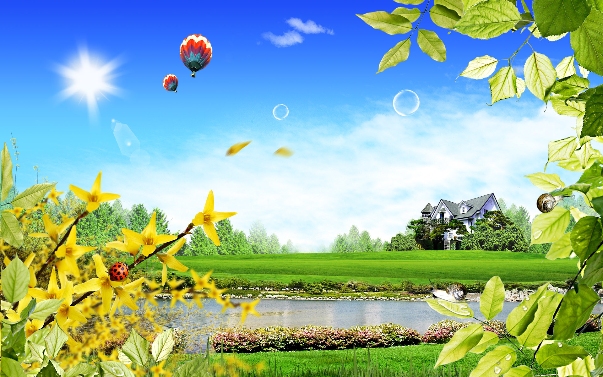 Mongolfiere, Prato, Casa, Fiori gialli, Fotomontaggio, sfondo per tablet