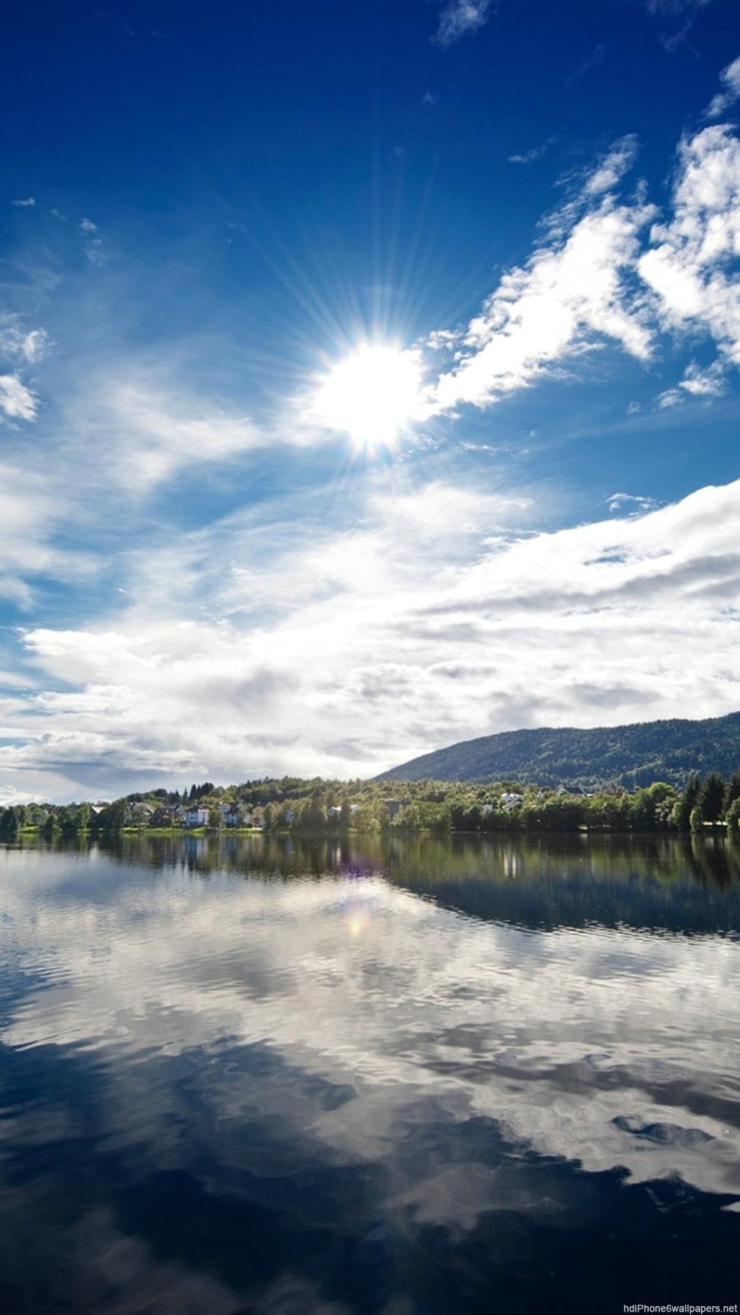 Lago, Riflesso, Nuvole, Sole, Cielo azzurro, Full HD, sfondo iPhone 6