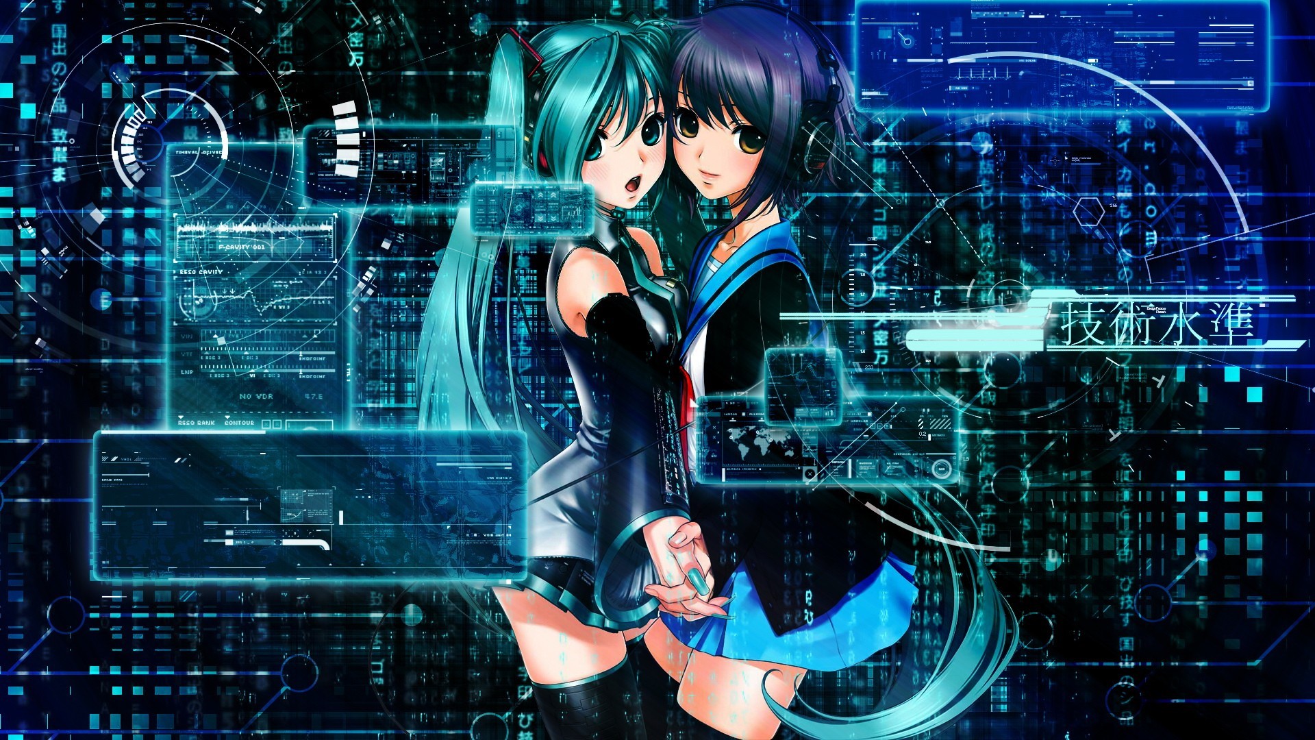 Hatsune Miku, Vocaloid, Ologrammi, Azzurro, Full HD, sfondo per portatile