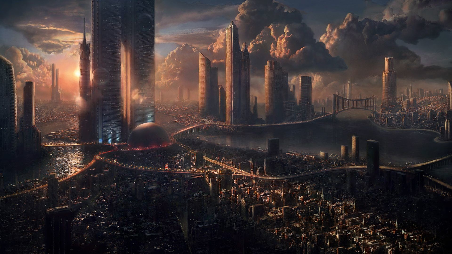 Metropoli futuristica, Tramonto, Grattacieli, Fantascienza, 1920x1080, sfondo per PC