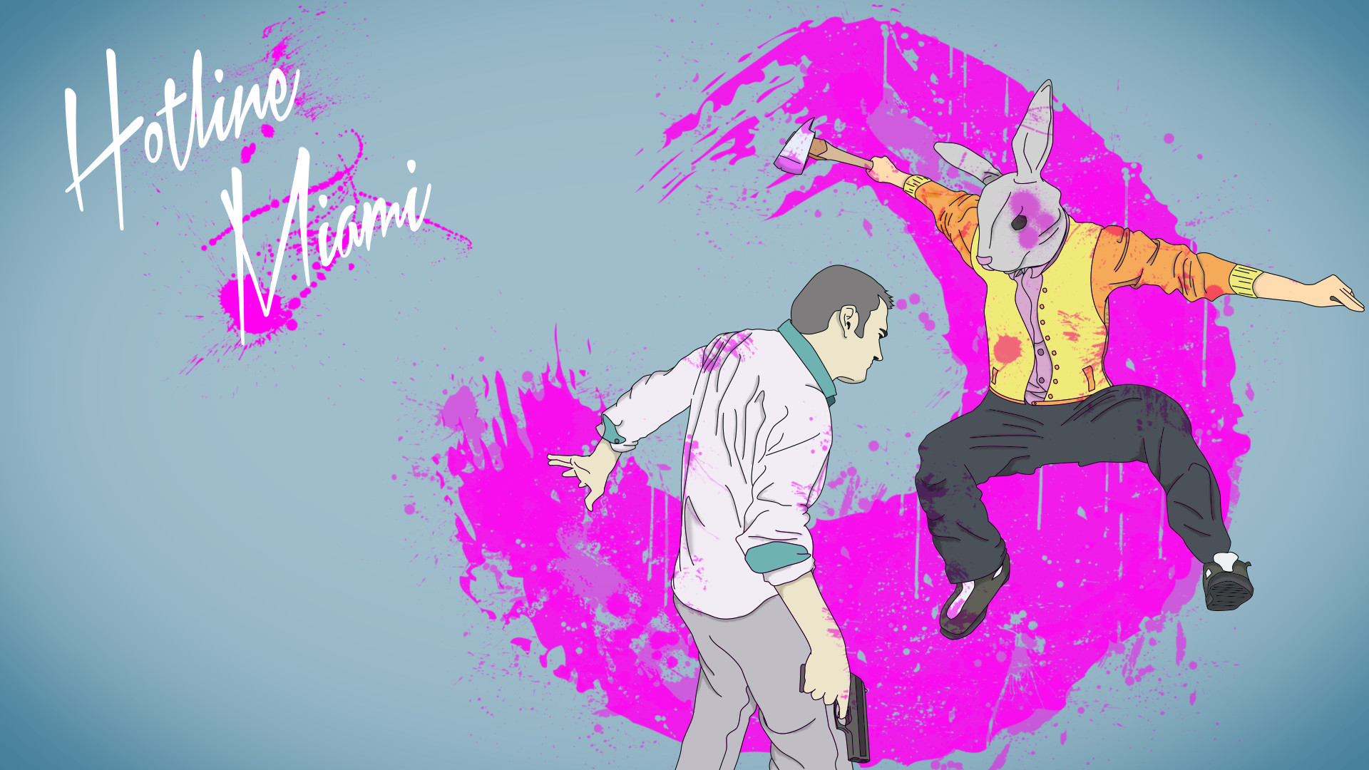 Hotline Miami, Maschera da coniglio, Fan art, Schizzi rosa, Full HD, sfondo desktop