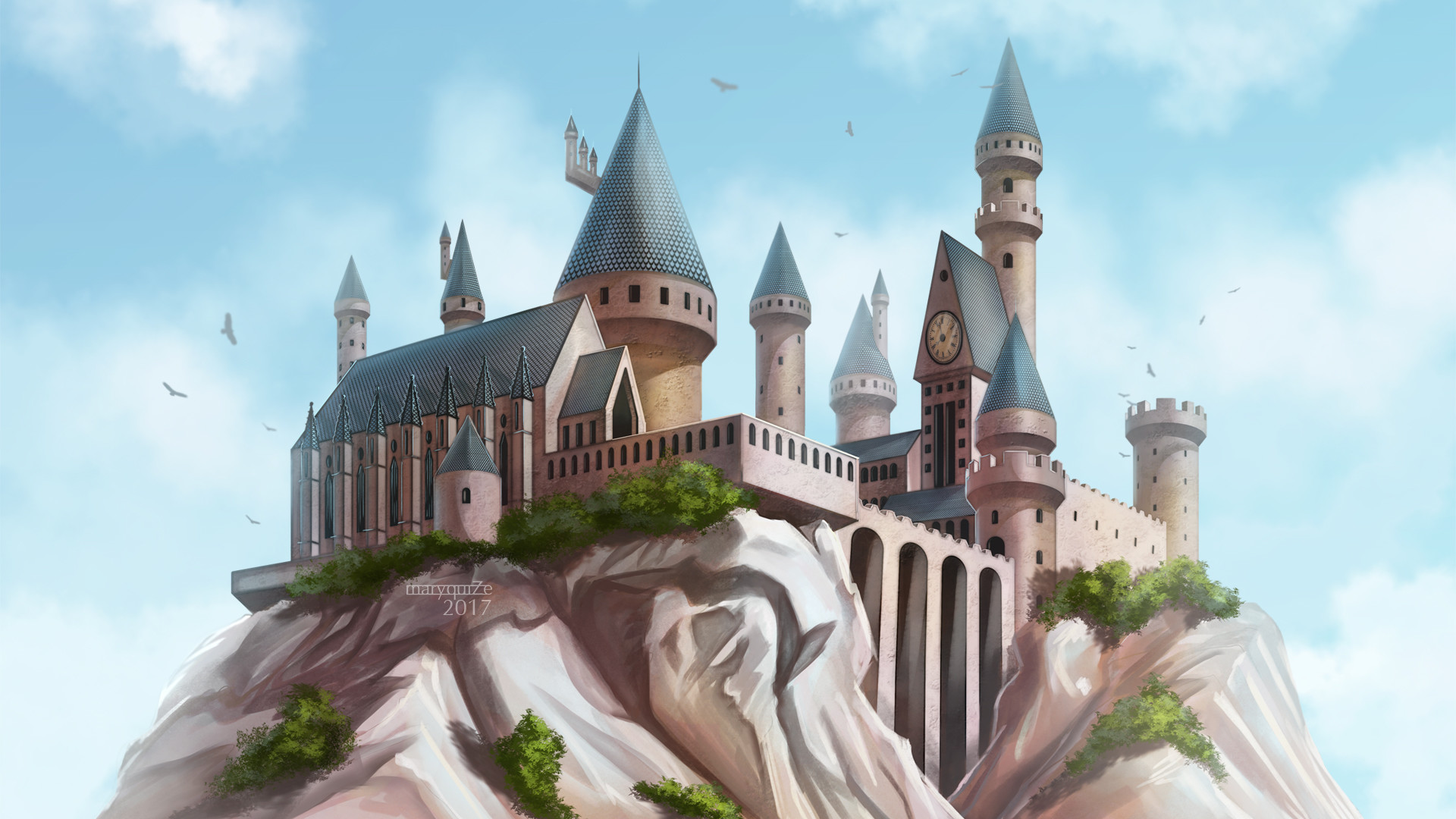 Castello di Hogwarts, Illustrazione, Scogliera, Cielo azzurro, 16:9 Full HD, wallpaper widescreen