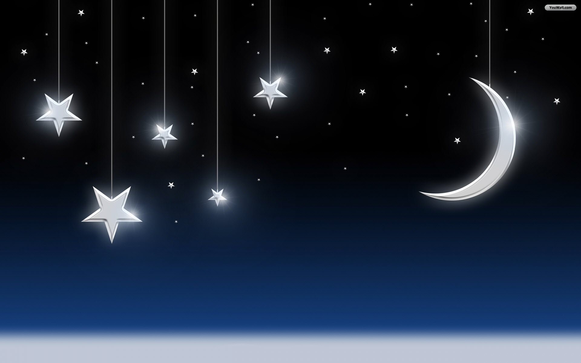 Stelle appese, Luna crescente, Notte, 1920x1200, sfondo per PC