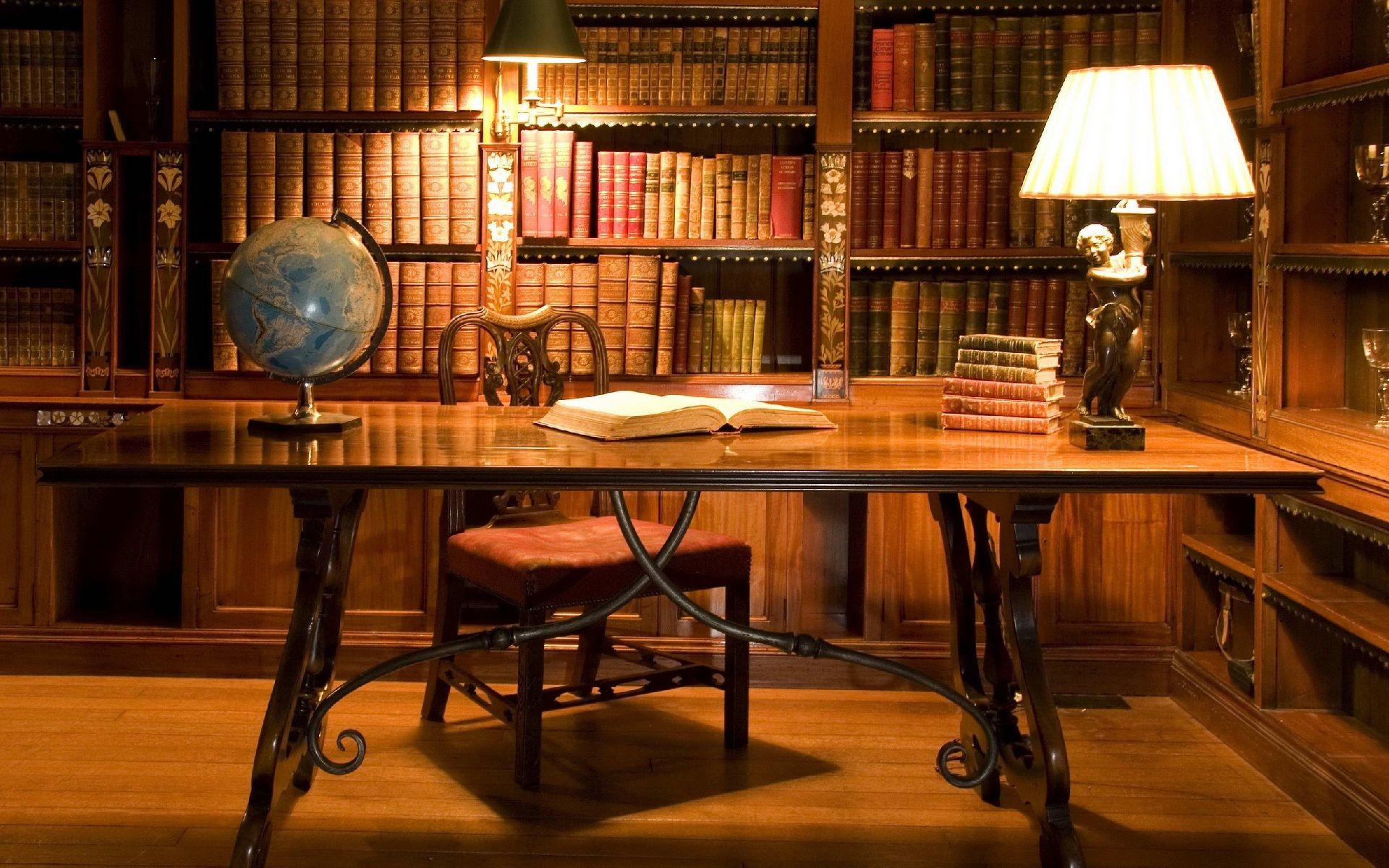 Studio, Scrivania, Mappamondo, Lampada, Libreria, Full HD, wallpaper per PC