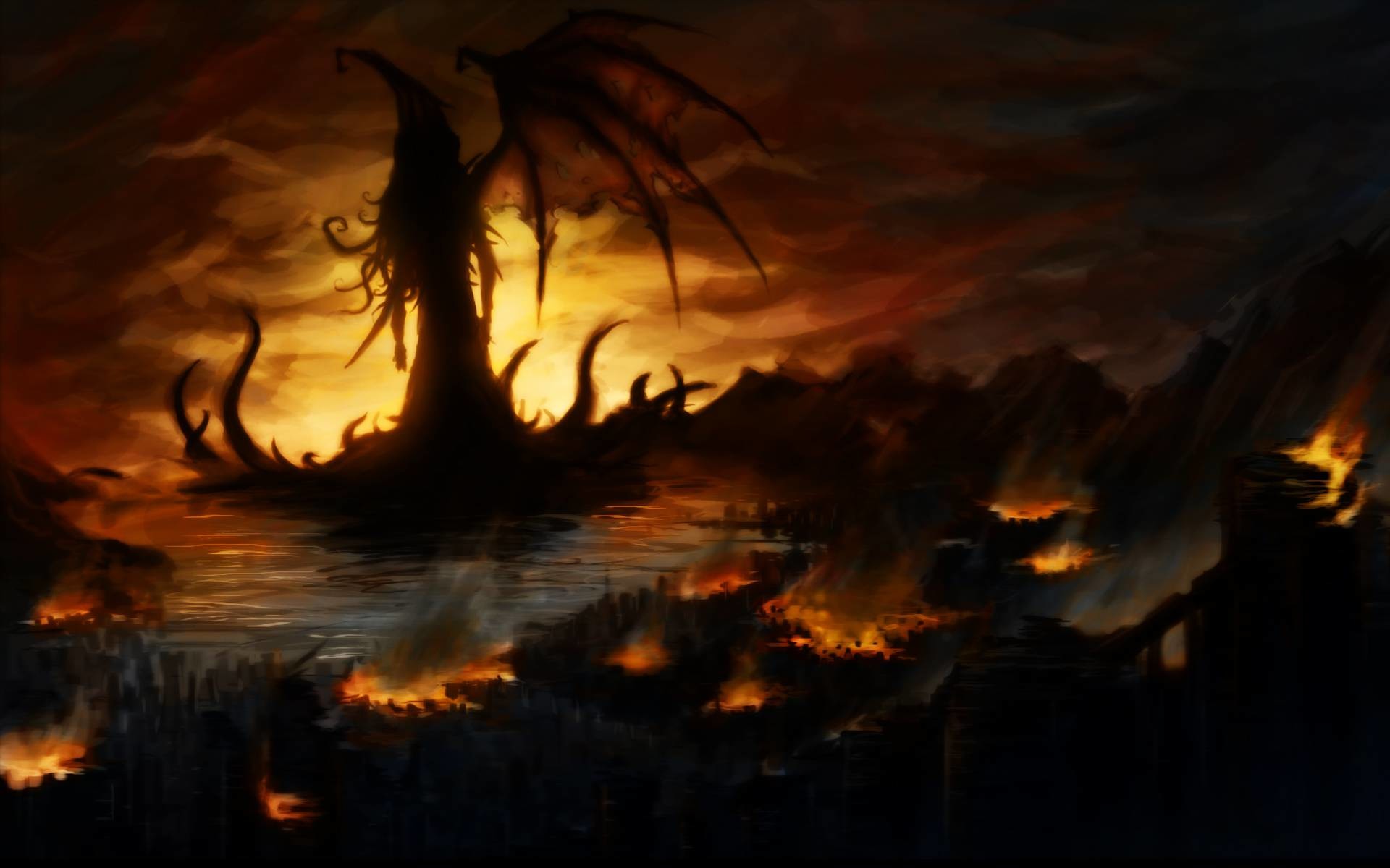 Cthulhu, Fuoco, Ali, Orrore cosmico, 1920x1200, immagine di sfondo