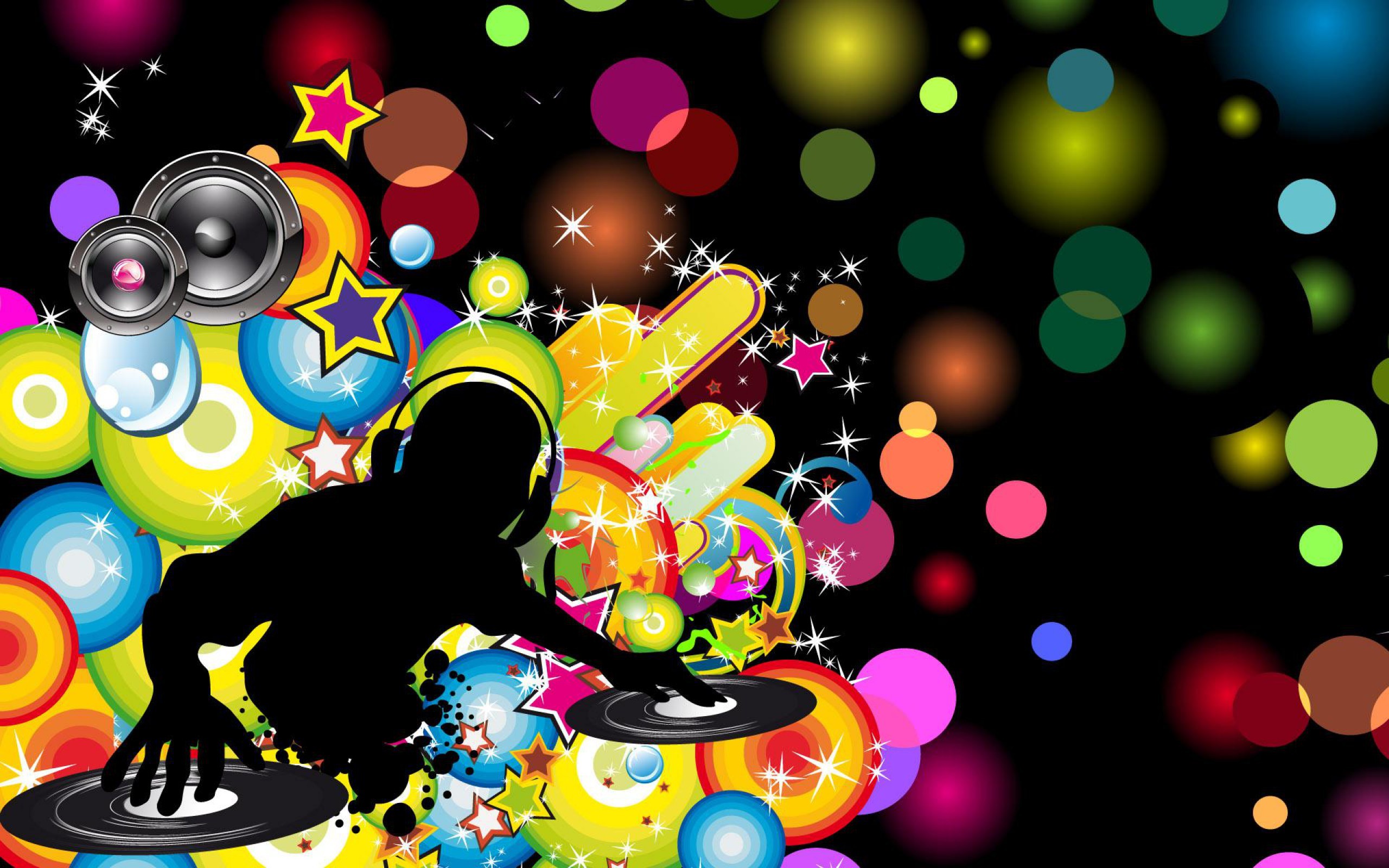 DJ, Silhouette, Casse, Bolle colorate, Illustrazione, 2K 1600p, sfondo desktop