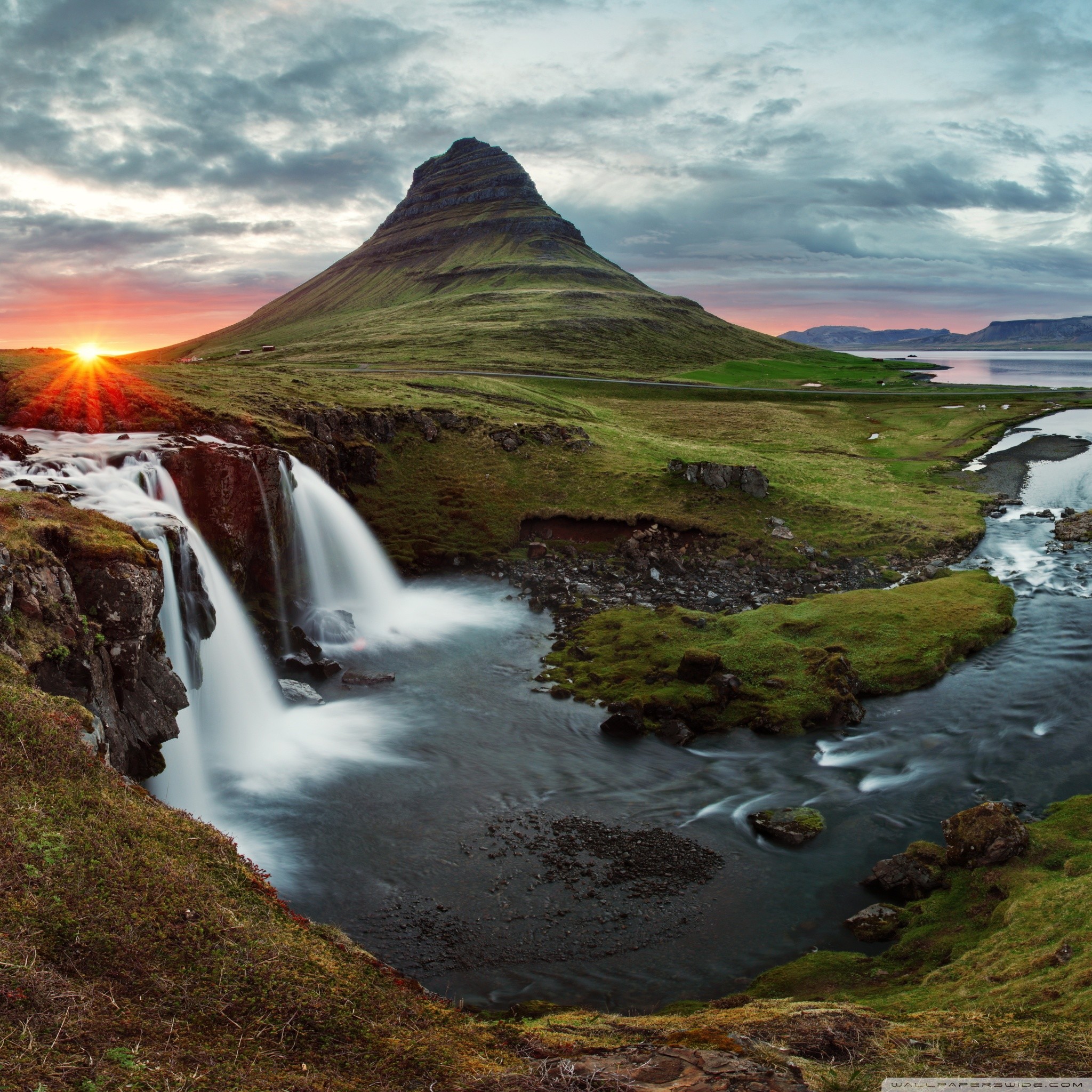 Kirkjufell, Kirkjufellsfoss, Islanda, Tramonto, Full HD, sfondo per iPad e tablet