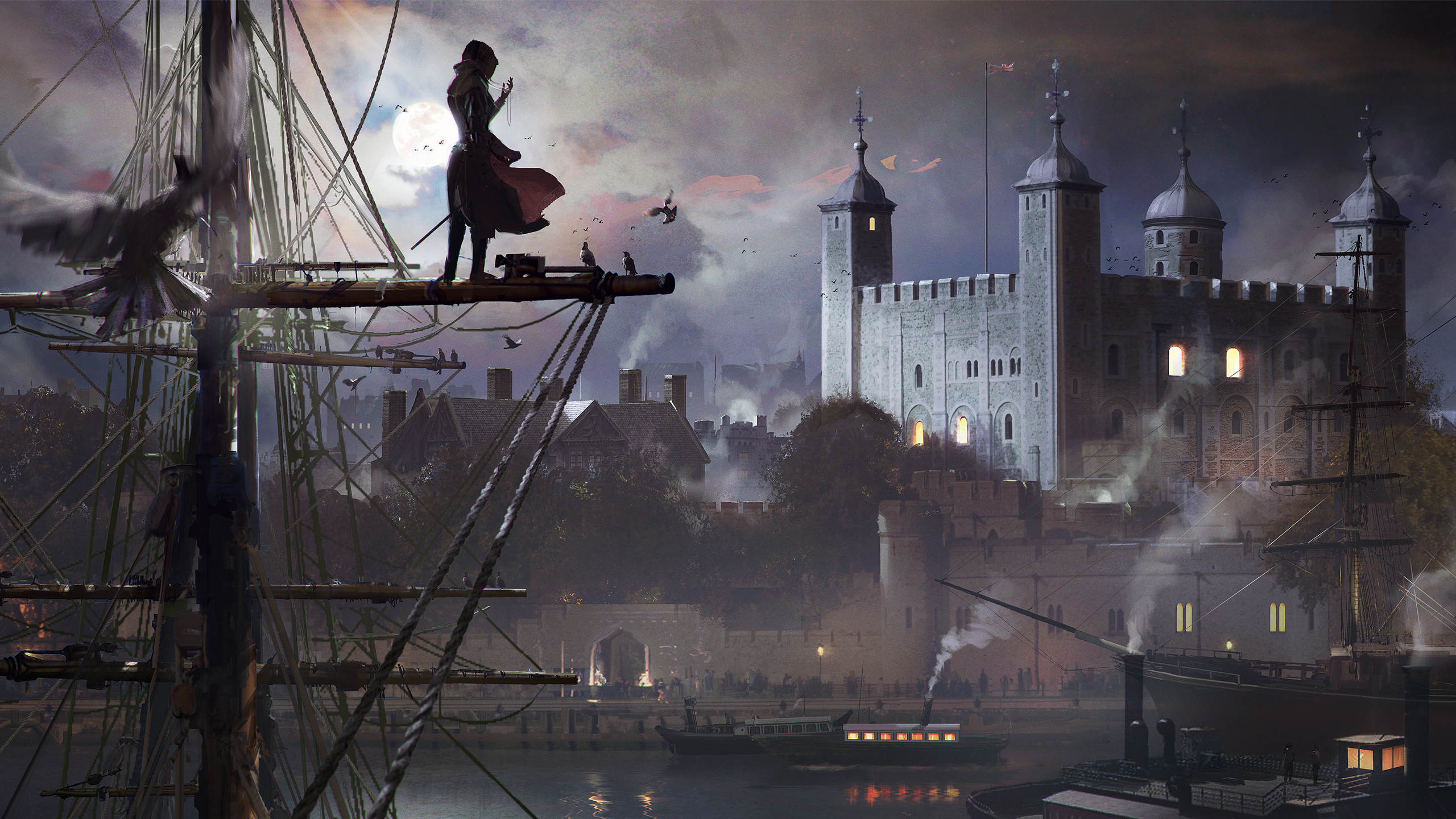 Evie Frye, Assassin's Creed Syndicate, Torre di Londra, Tamigi, Velieri, Notte, immagine di sfondo