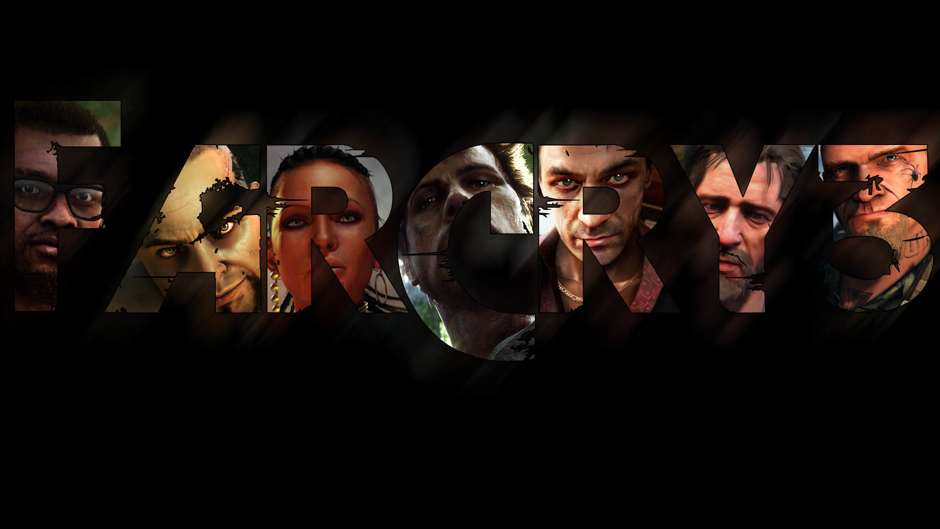 Far Cry 3, Logo, Personaggi, Sfondo nero, Full HD, wallpaper desktop