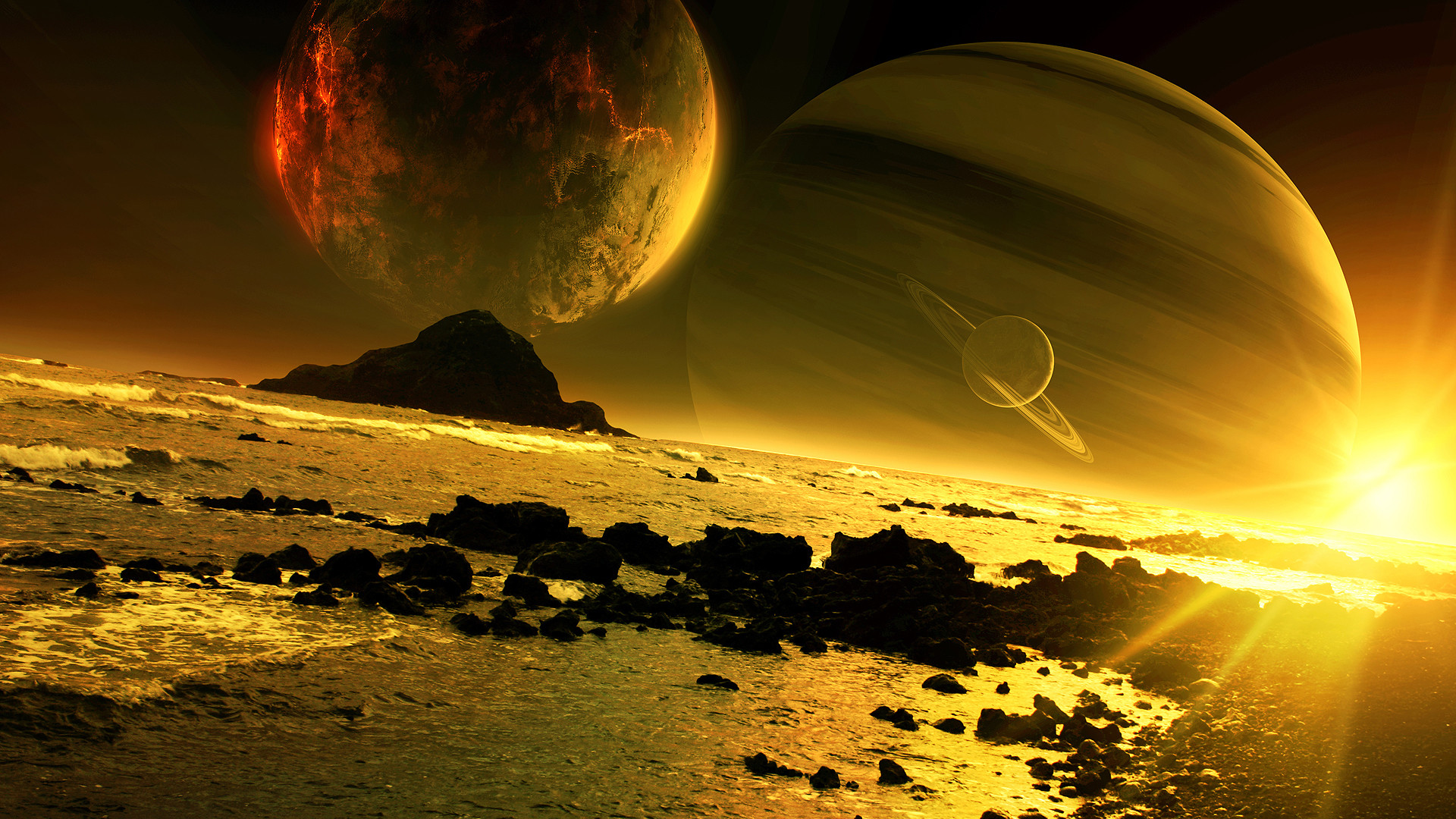 Pianeti, Pianeta con anelli, Paesaggio alieno, Sole, Giallo, Full HD 1080p, sfondo desktop