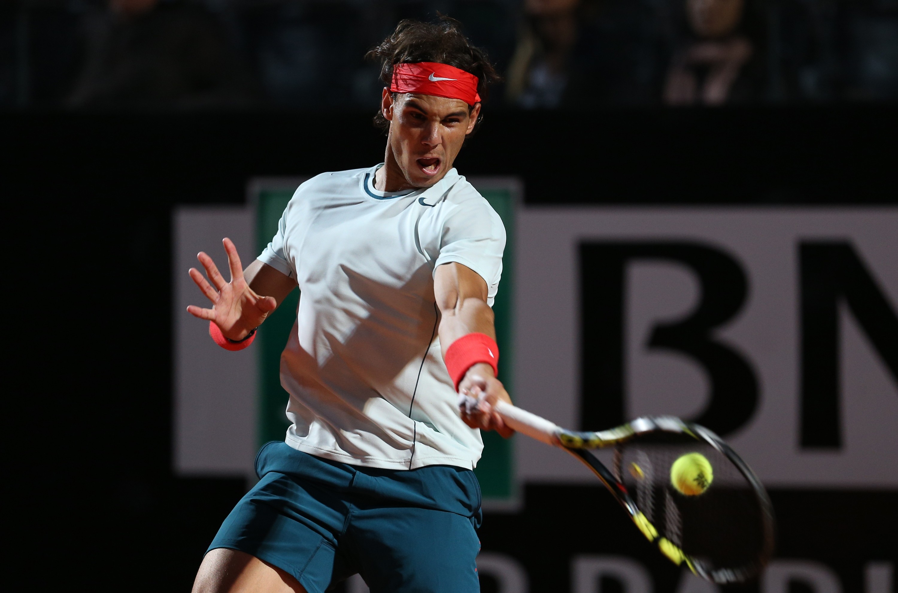 Rafael Nadal, Internazionali BNL d'Italia, Dritto, Tennis, Pallina da tennis, Sfondo scuro, wallpaper 2K